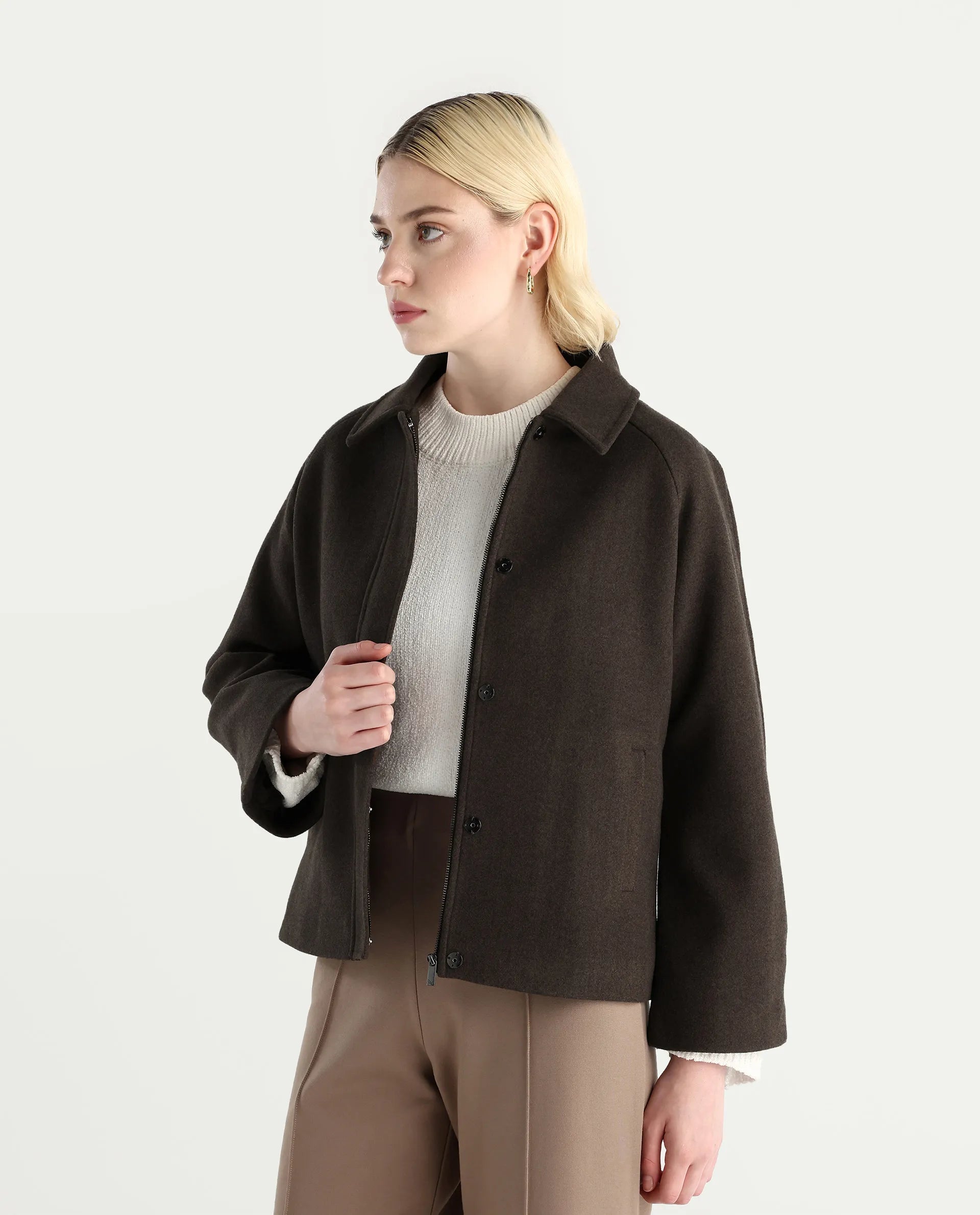 Rareism Women's Nicos Coffee Polyester Blend Collared Neck Jacket Plain Jacket