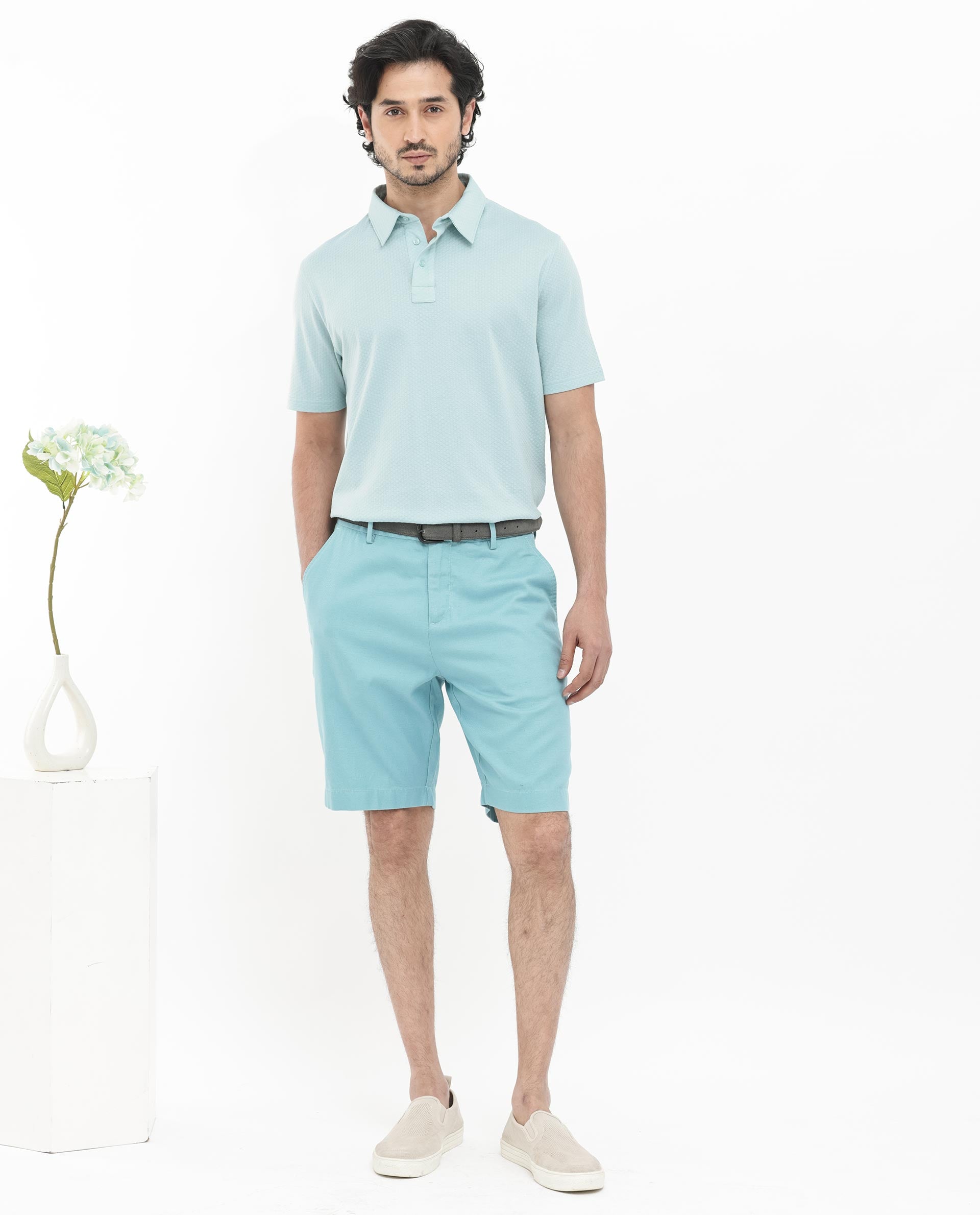 Rare Rabbit Mens Nielson Pastel Turq Cotton Fabric Short Sleeve Jacquard Polo T-Shirt