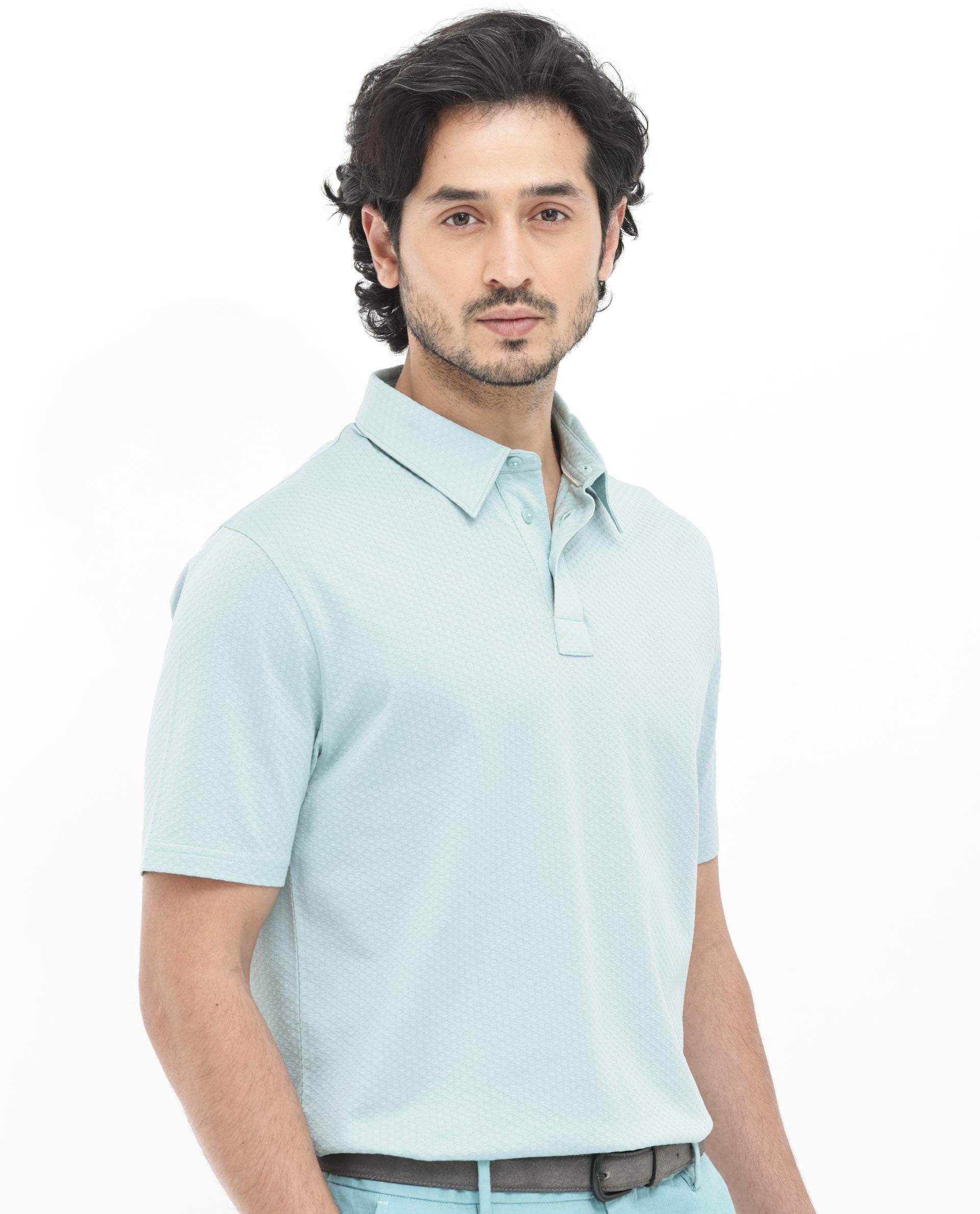 Rare Rabbit Mens Nielson Pastel Turq Cotton Fabric Short Sleeve Jacquard Polo T-Shirt