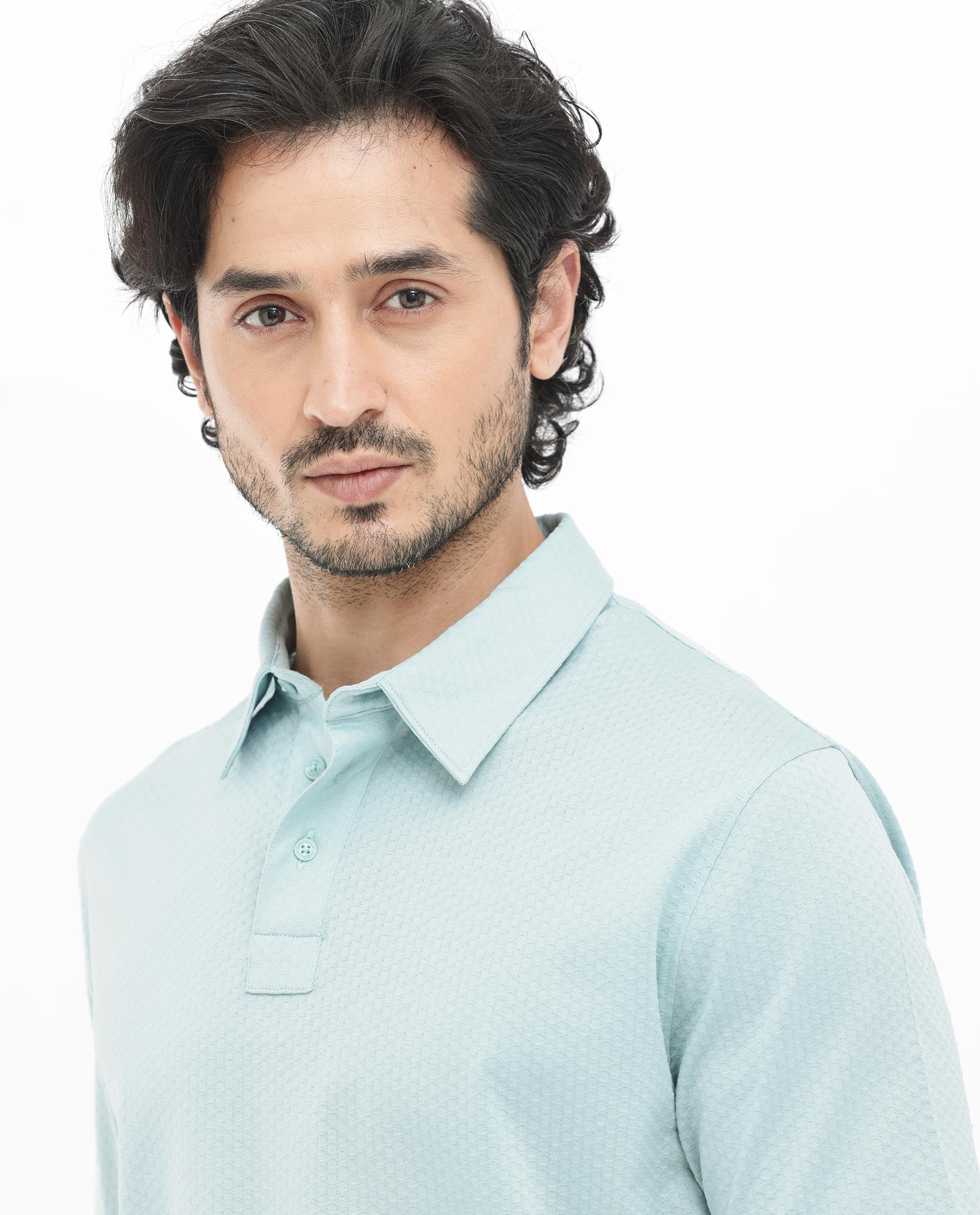 Rare Rabbit Mens Nielson Pastel Turq Cotton Fabric Short Sleeve Jacquard Polo T-Shirt