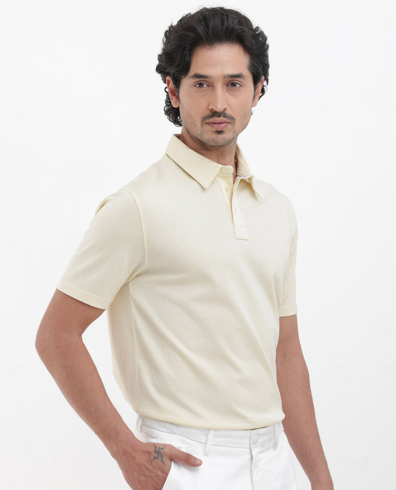 Rare Rabbit Mens Nielson Pastel Yellow Cotton Fabric Short Sleeve Jacquard Polo T-Shirt