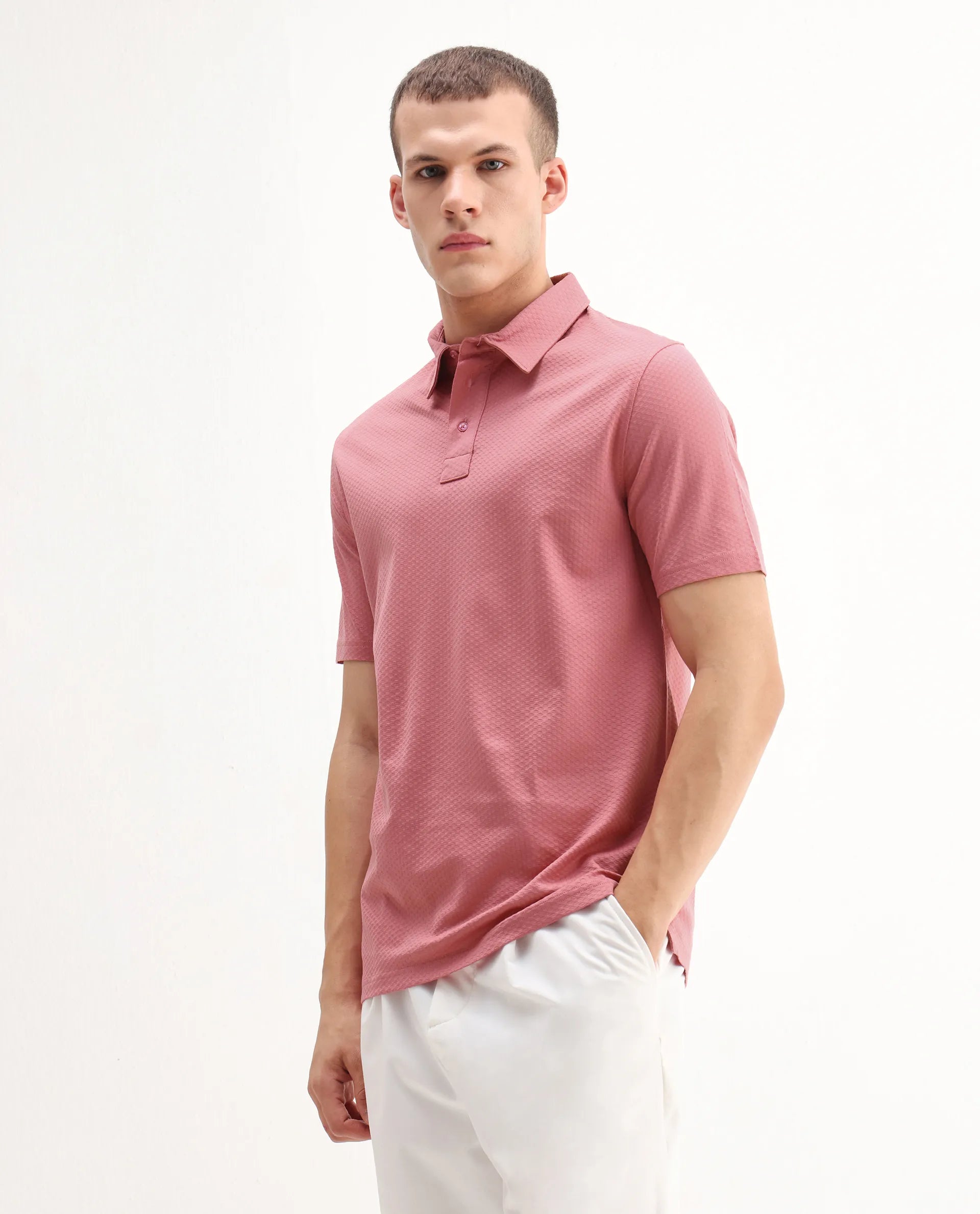 Rare Rabbit Men's Nielson Pastel Pink Cotton Textured Regular Fit Half Sleeve Polo