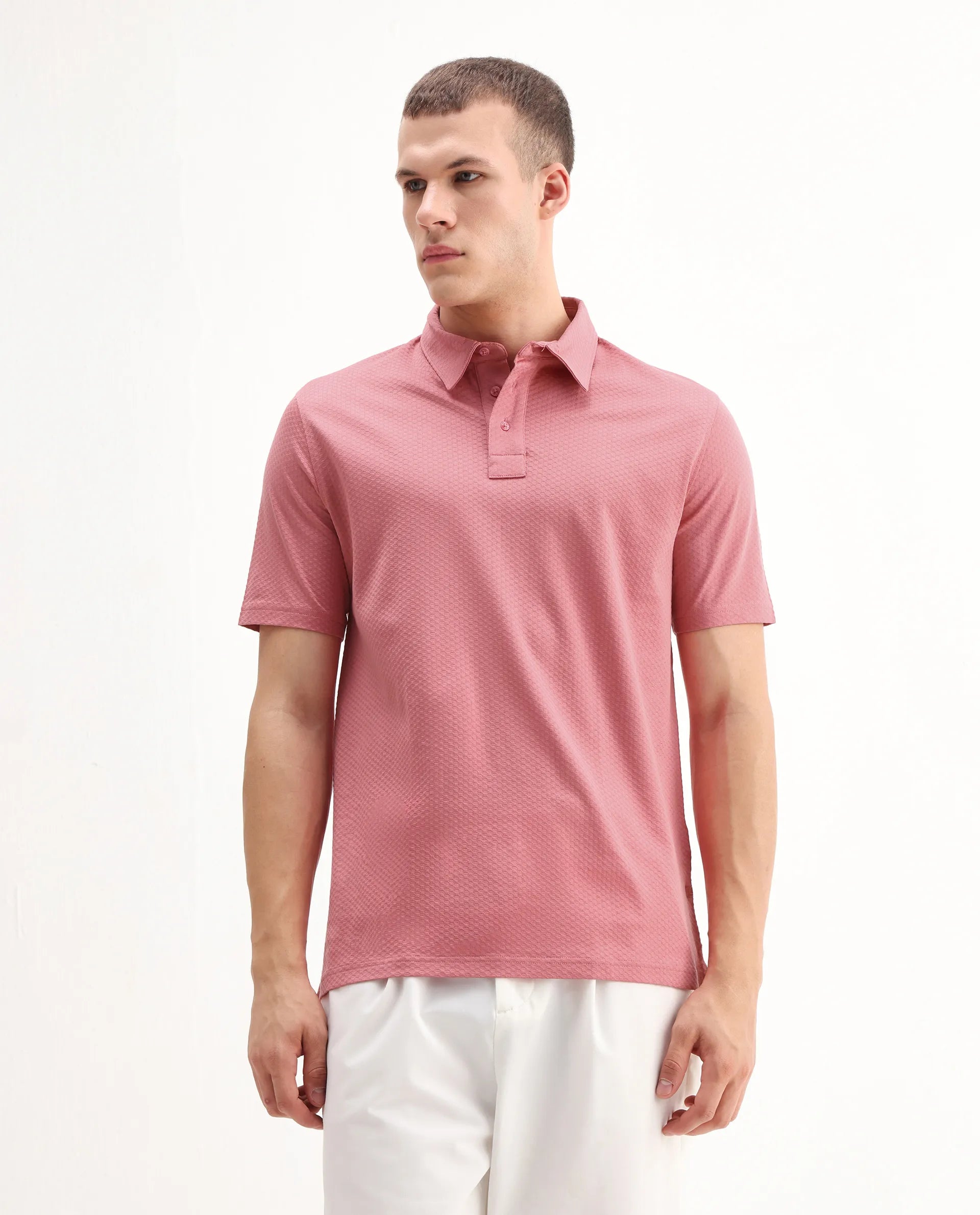 Rare Rabbit Men's Nielson Pastel Pink Cotton Textured Regular Fit Half Sleeve Polo
