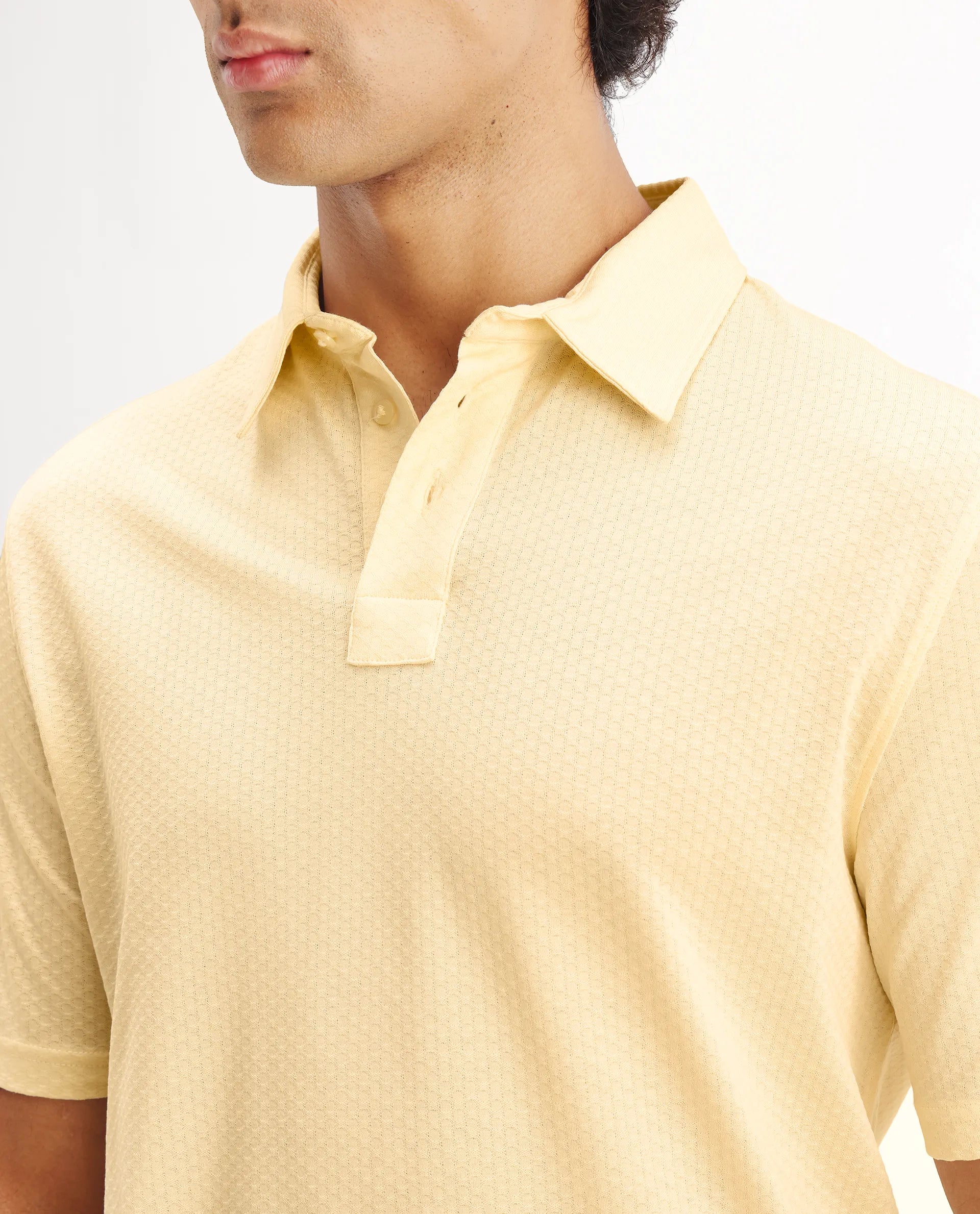 Rare Rabbit Men's Nielson Pastel Yellow Cotton Textured Regular Fit Half Sleeve Polo