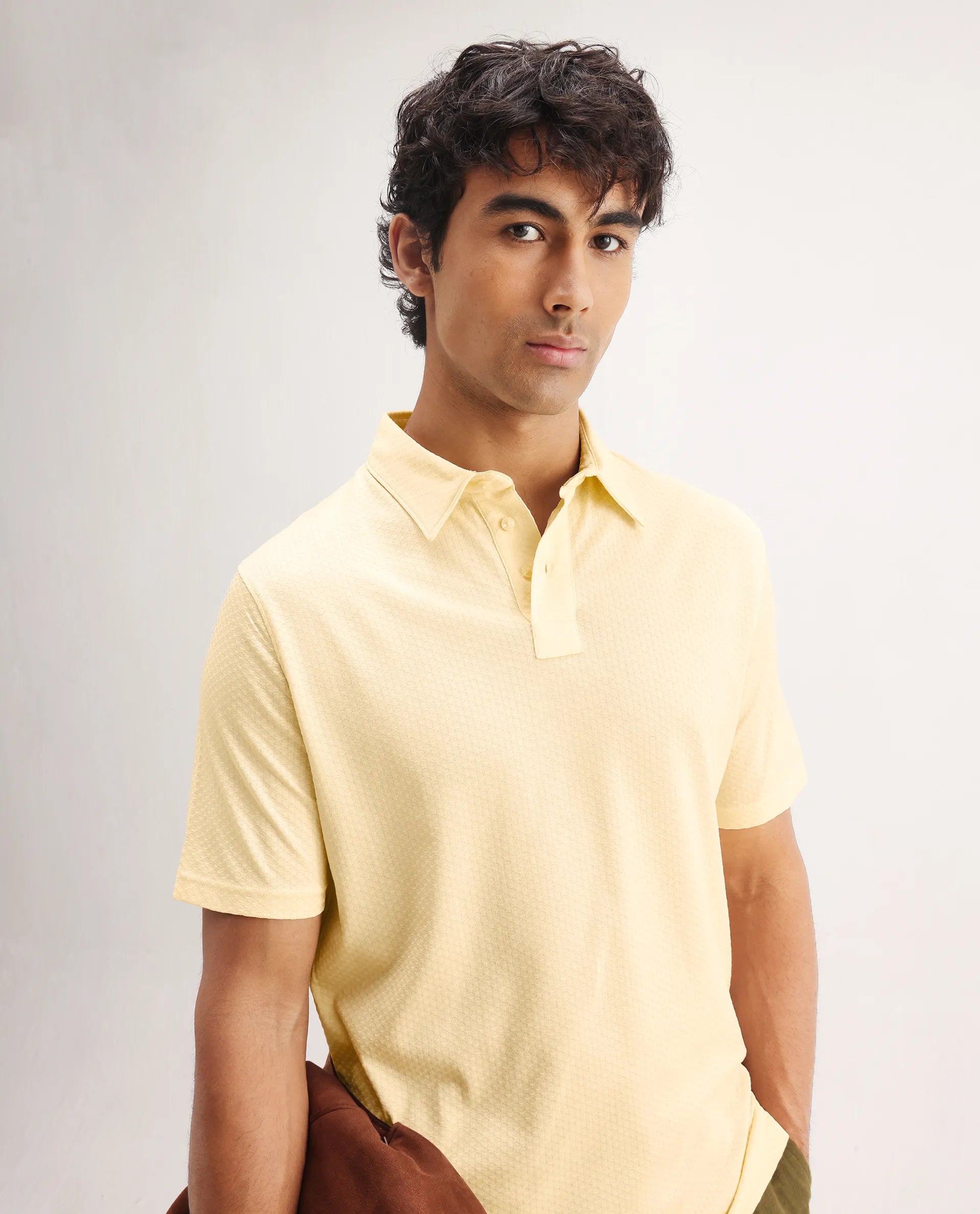Rare Rabbit Men's Nielson Pastel Yellow Cotton Textured Regular Fit Half Sleeve Polo