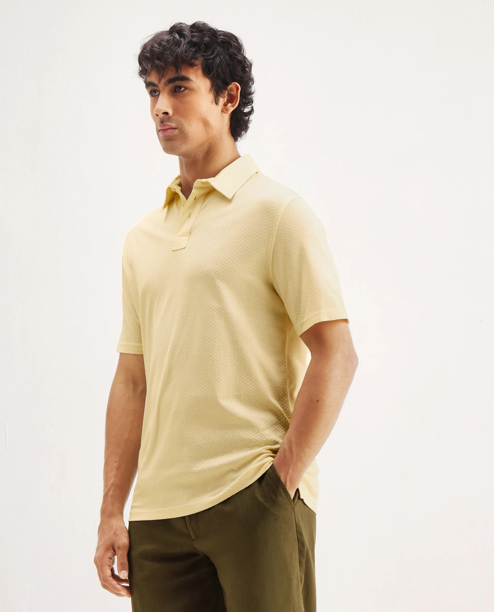 Rare Rabbit Men's Nielson Pastel Yellow Cotton Textured Regular Fit Half Sleeve Polo