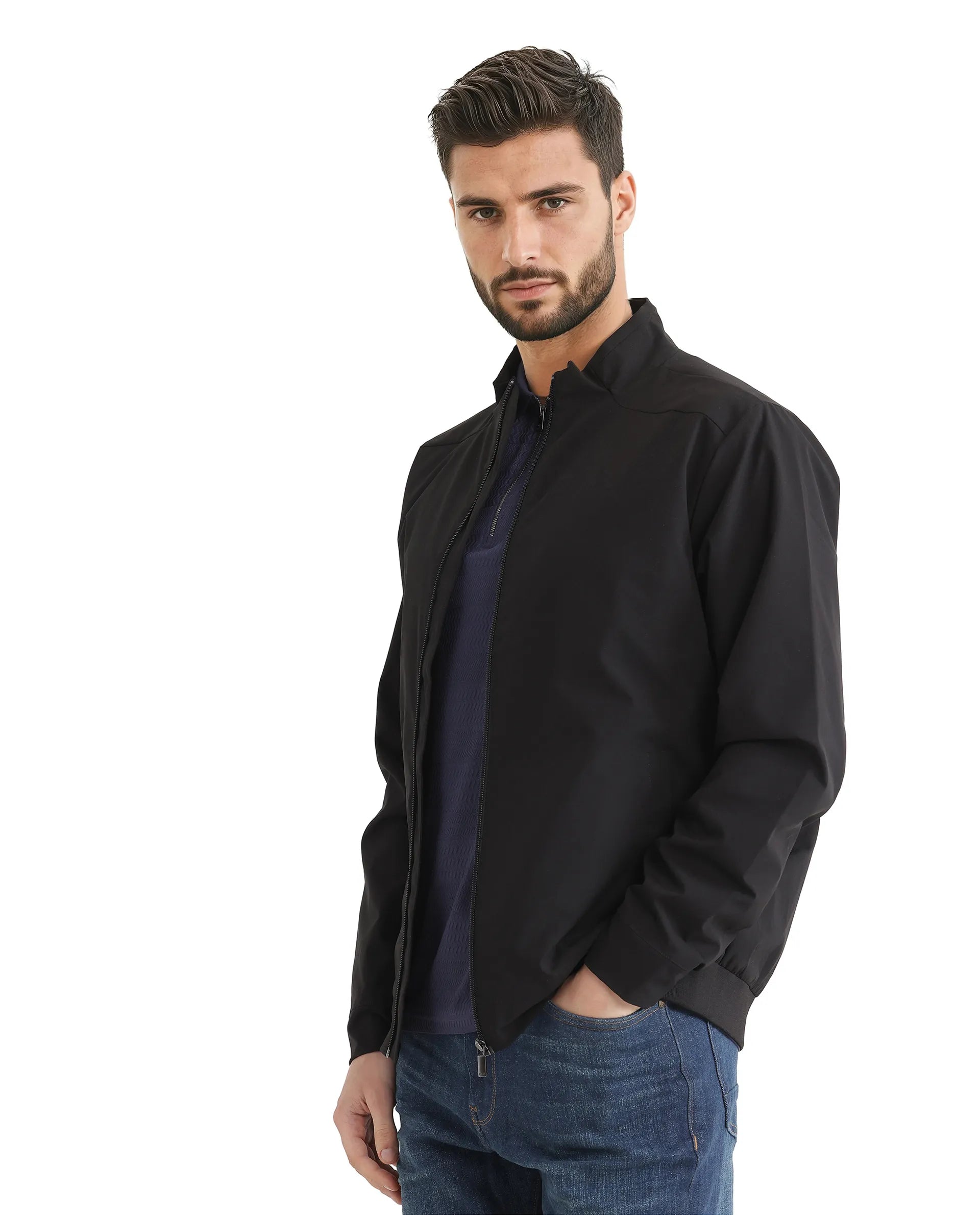 Rare Rabbit Men Niger Black Polyester Fabric Full Sleeve Curved High Collar Typography Backprint Jacket