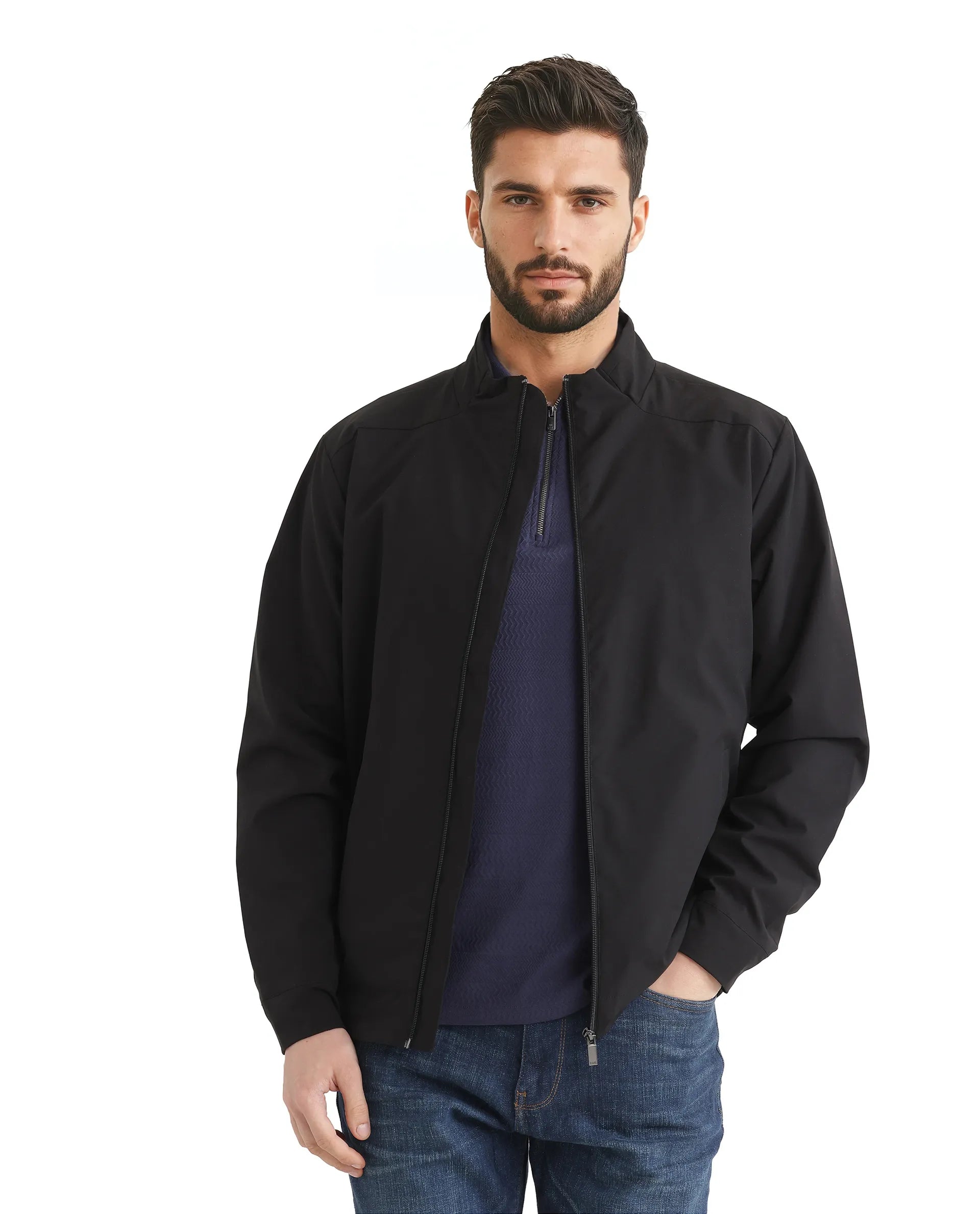 Rare Rabbit Men Niger Black Polyester Fabric Full Sleeve Curved High Collar Typography Backprint Jacket