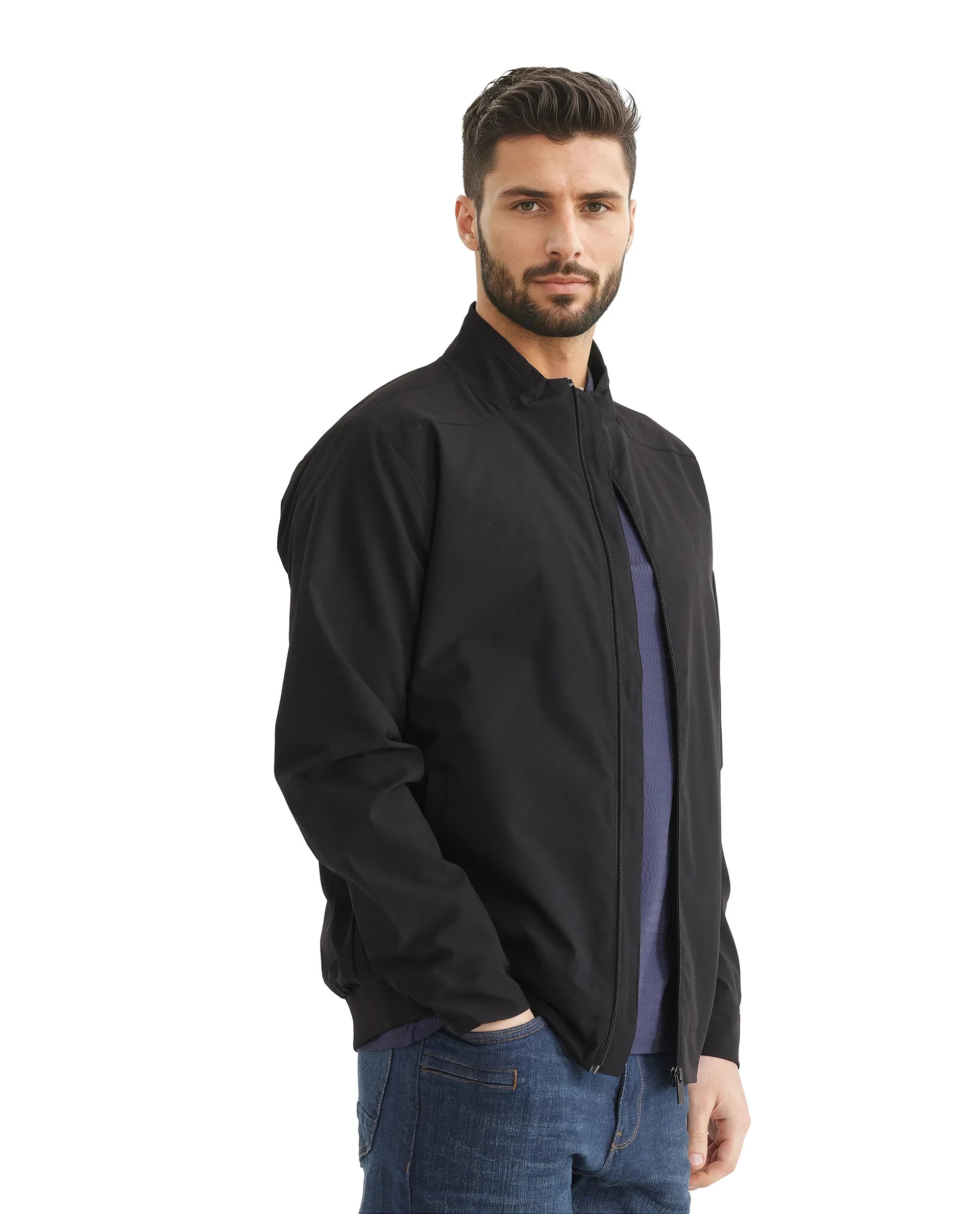 Rare Rabbit Men Niger Black Polyester Fabric Full Sleeve Curved High Collar Typography Backprint Jacket