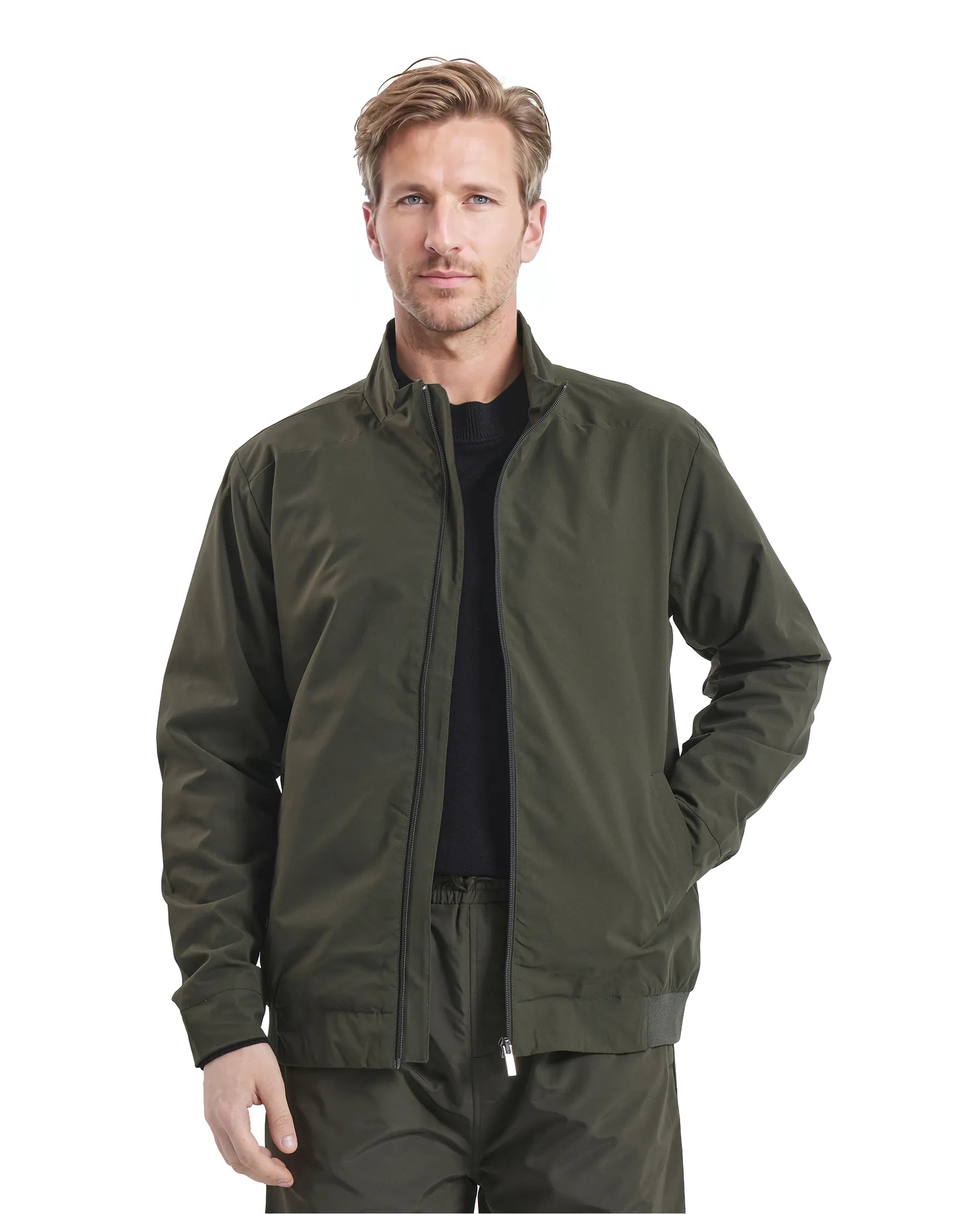 Rare Rabbit Men Niger Green Polyester Fabric Full Sleeve Curved High Collar Typography Backprint Jacket