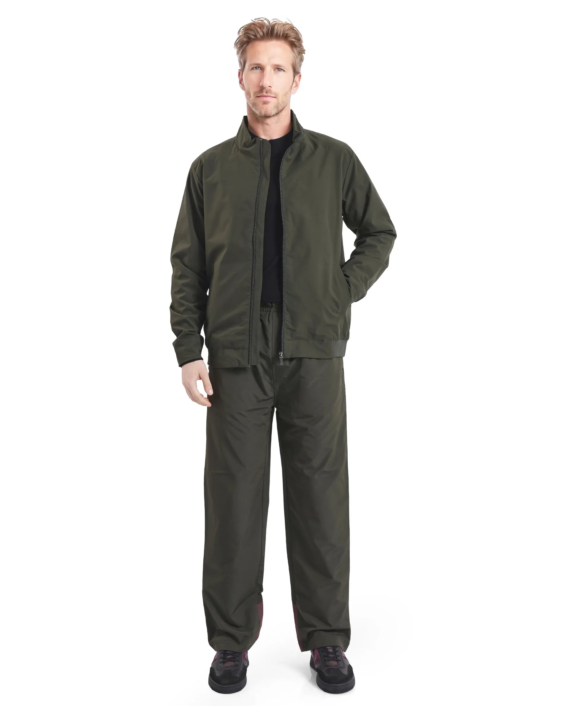 Rare Rabbit Men Niger Green Polyester Fabric Full Sleeve Curved High Collar Typography Backprint Jacket