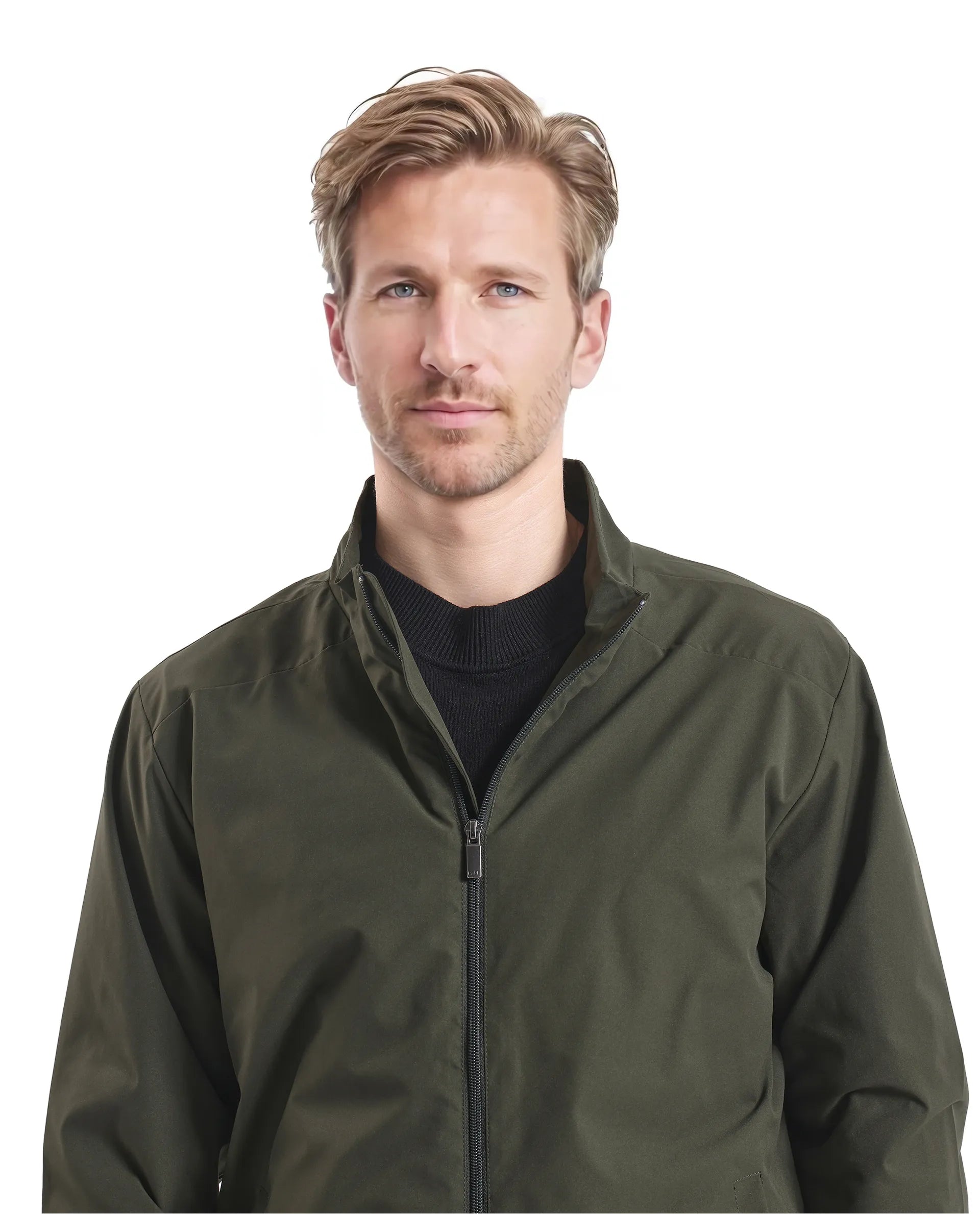 Rare Rabbit Men Niger Green Polyester Fabric Full Sleeve Curved High Collar Typography Backprint Jacket