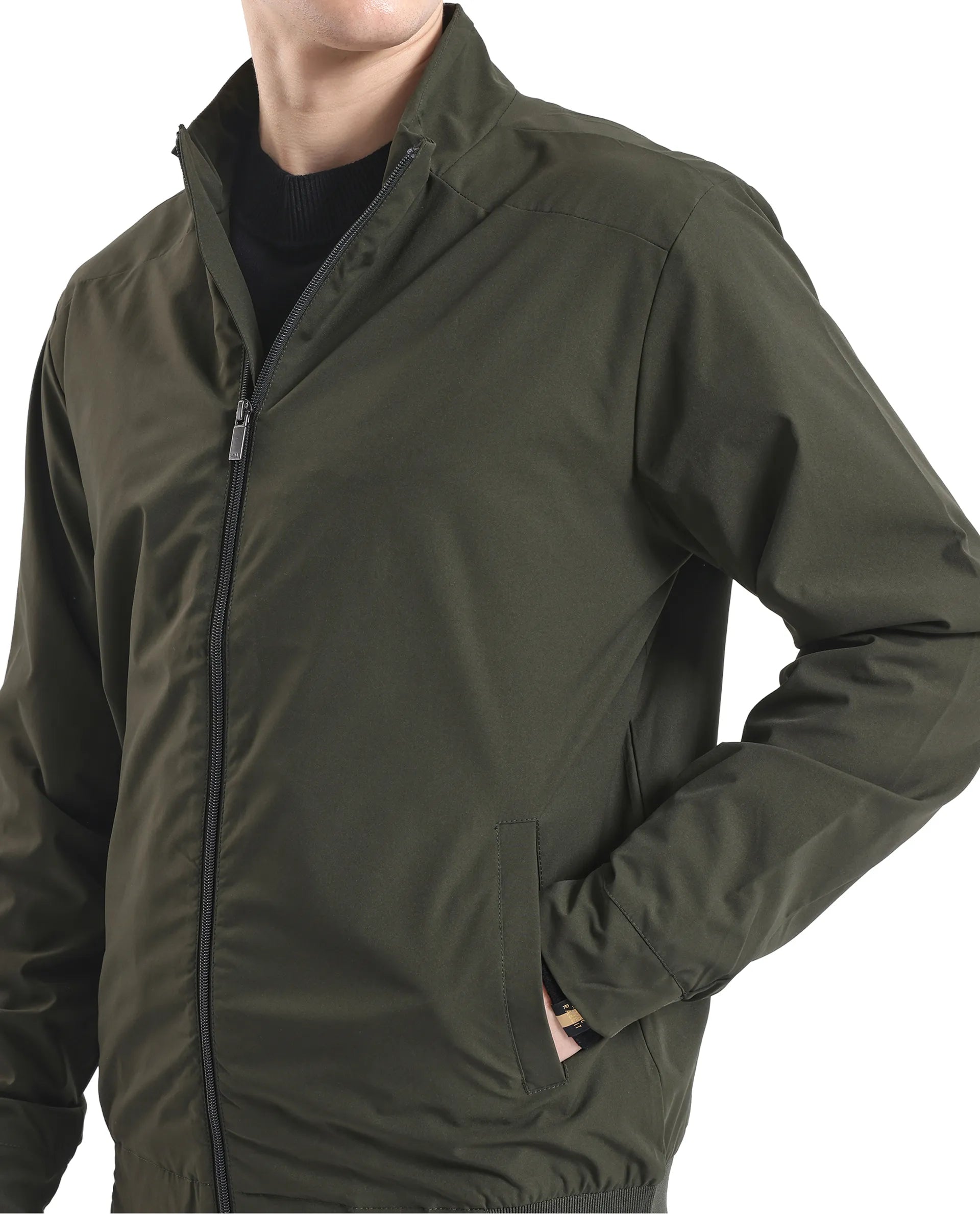 Rare Rabbit Men Niger Green Polyester Fabric Full Sleeve Curved High Collar Typography Backprint Jacket