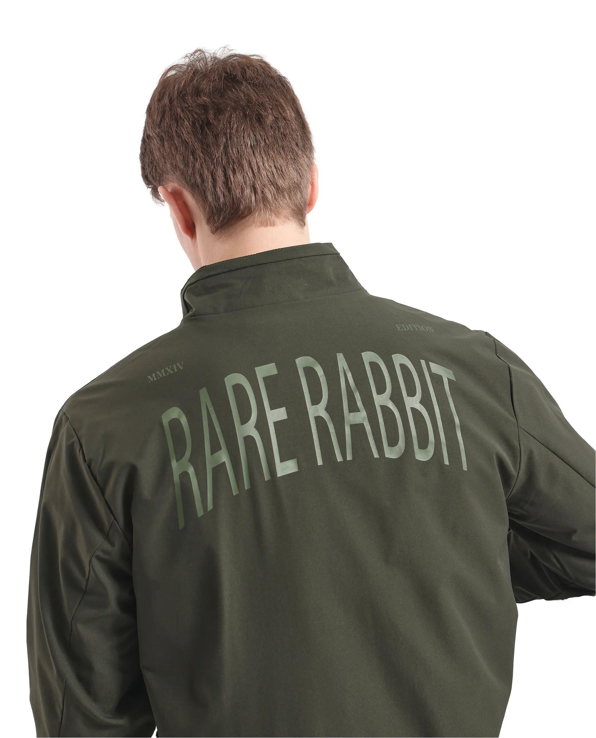 Rare Rabbit Men Niger Green Polyester Fabric Full Sleeve Curved High Collar Typography Backprint Jacket