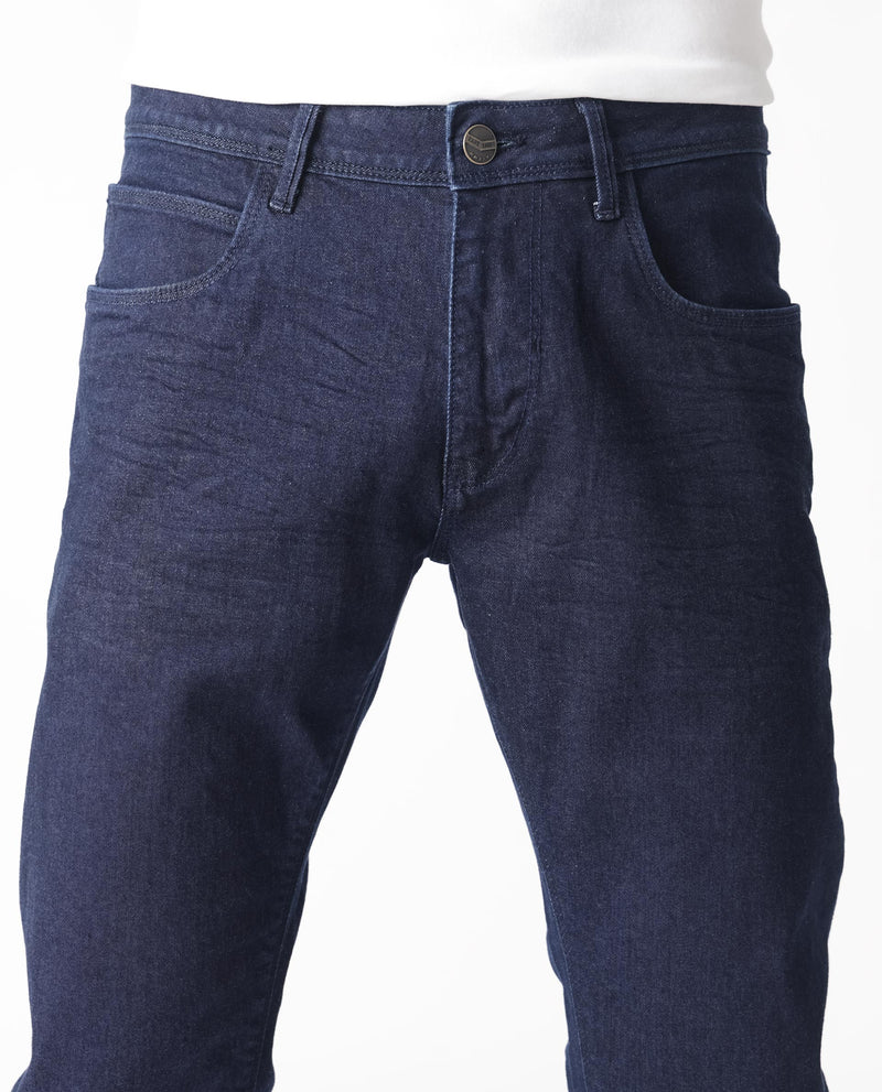 Rare Rabbit Men's Night Dark Blue Rinse Wash Mid-Rise Slim Fit Jeans
