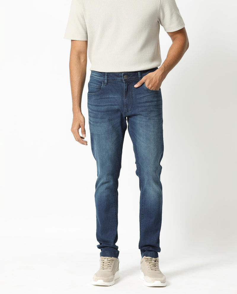 SLIM FIT MID SHADE JEANS WITH WHISKERS