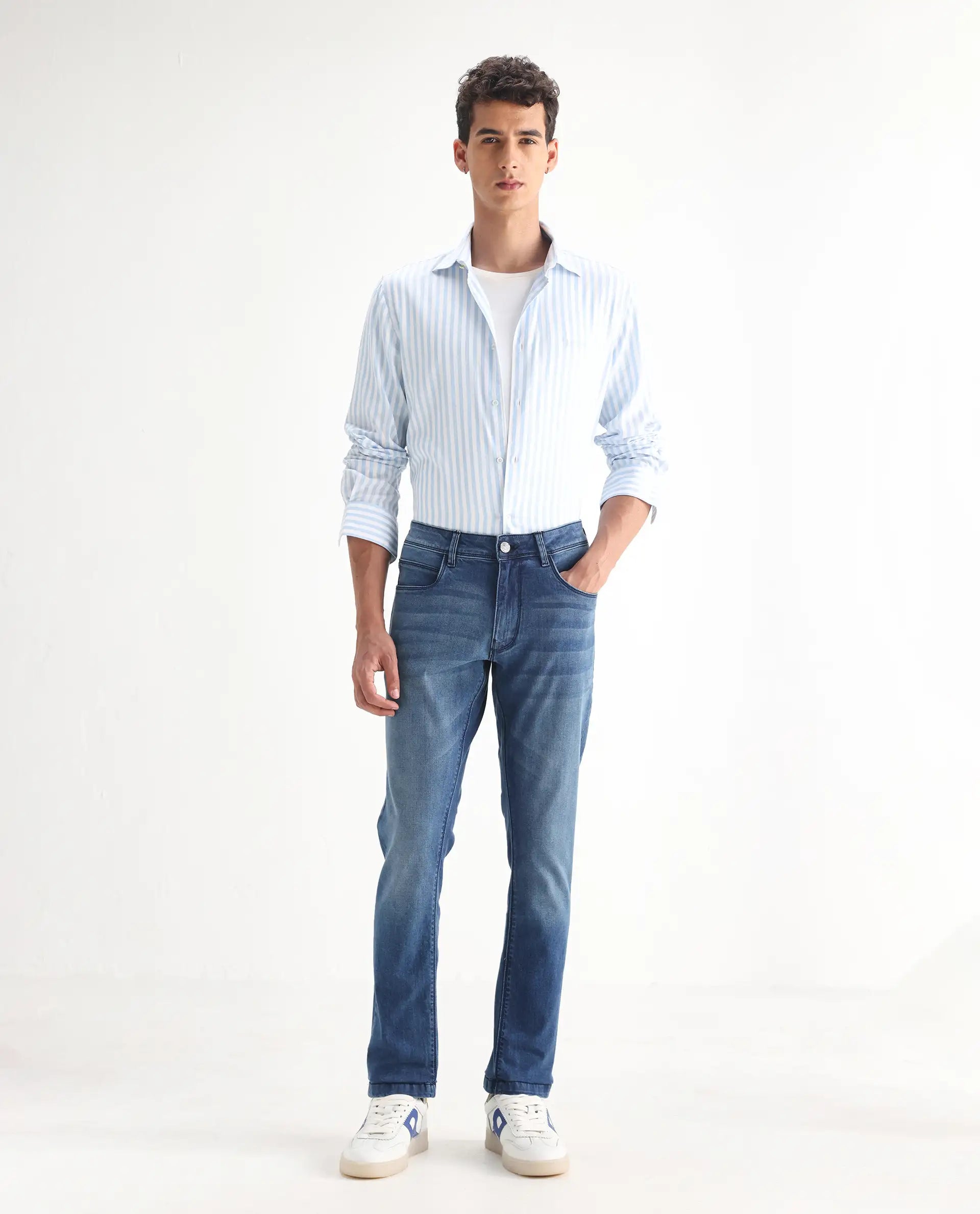 Rare Rabbit Men's Night Light Blue Cotton Plain Hawk Slim Fit Jeans