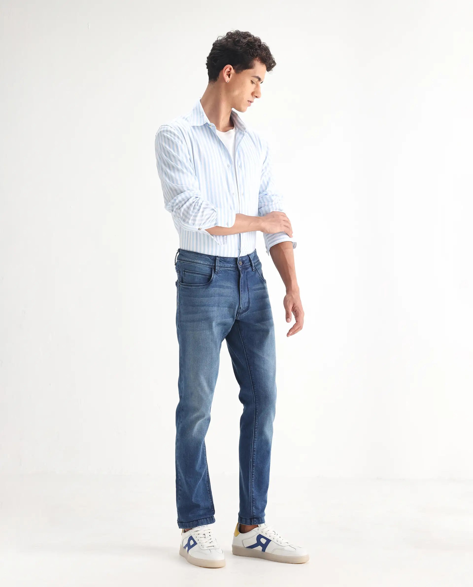 Rare Rabbit Men's Night Light Blue Cotton Plain Hawk Slim Fit Jeans