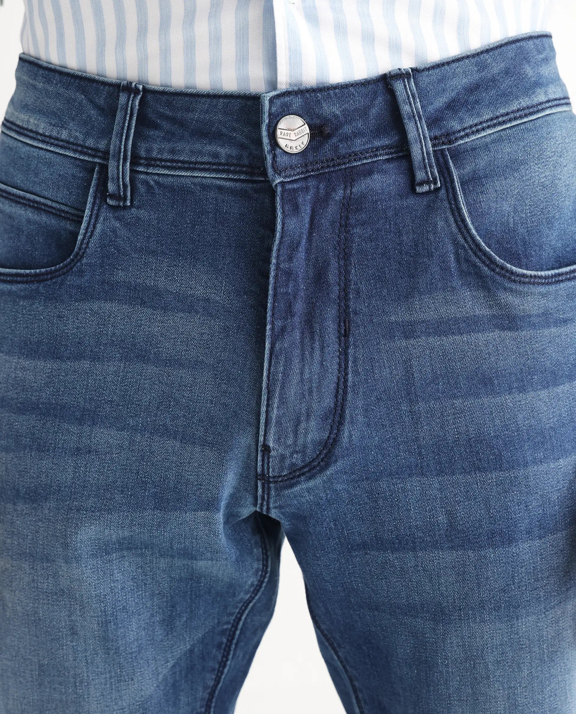 Rare Rabbit Men's Night Light Blue Cotton Plain Hawk Slim Fit Jeans