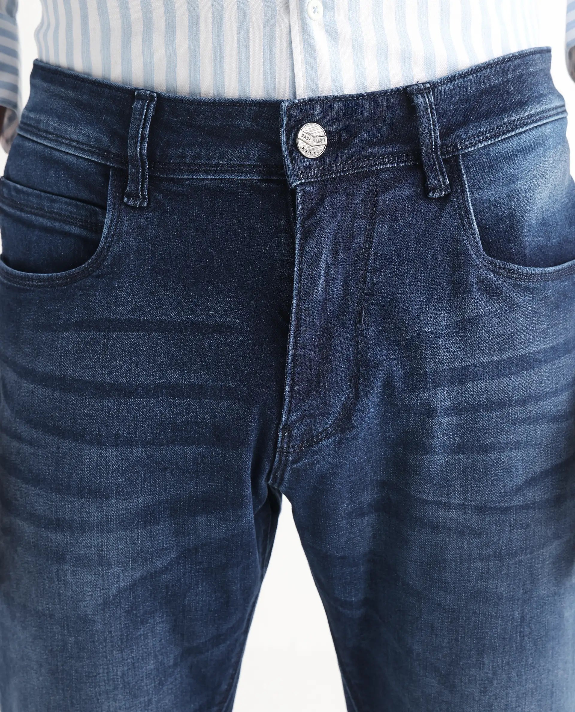 Rare Rabbit Men's Night Dark Blue Cotton Plain Hawk Slim Fit Jeans