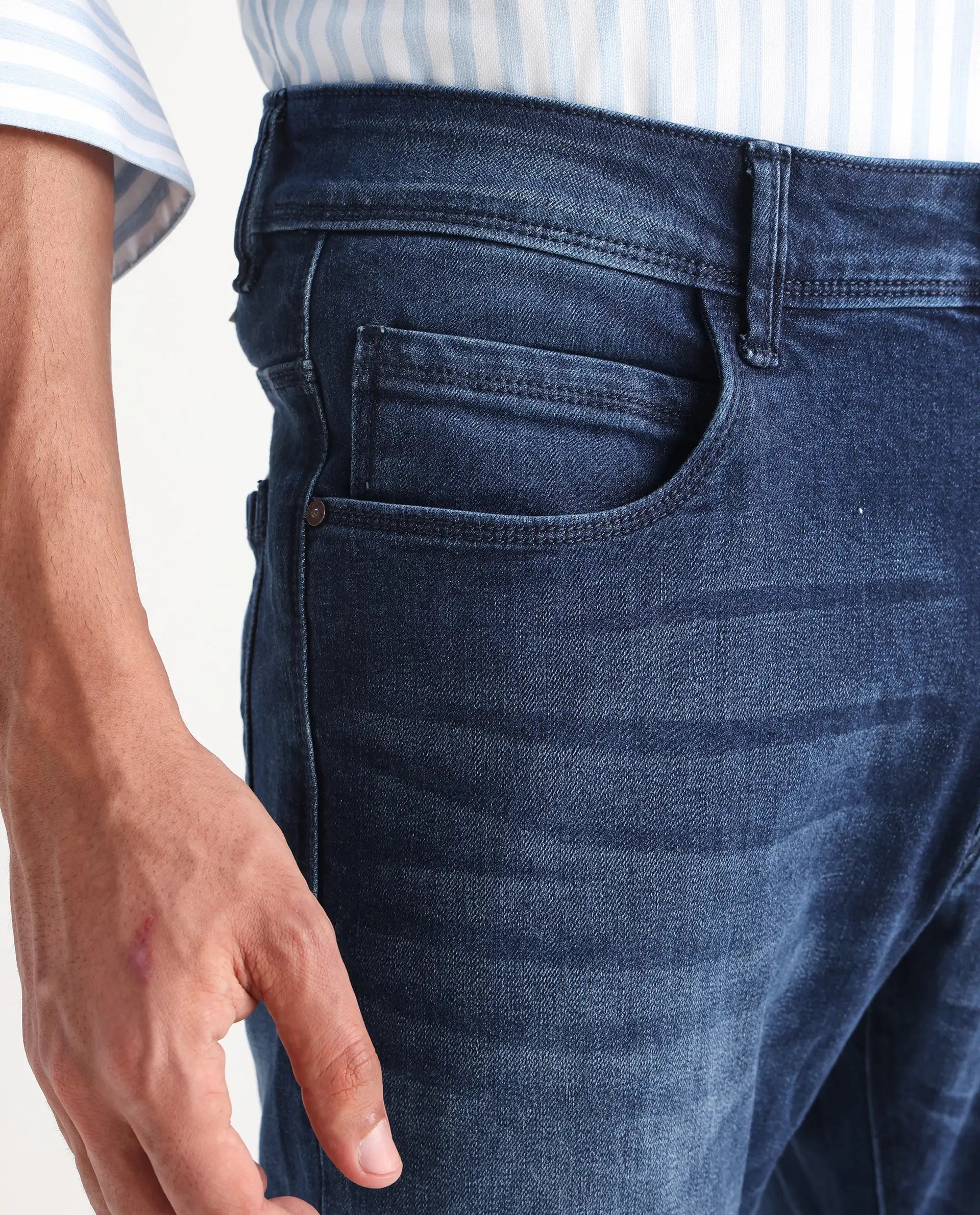 Rare Rabbit Men's Night Dark Blue Cotton Plain Hawk Slim Fit Jeans