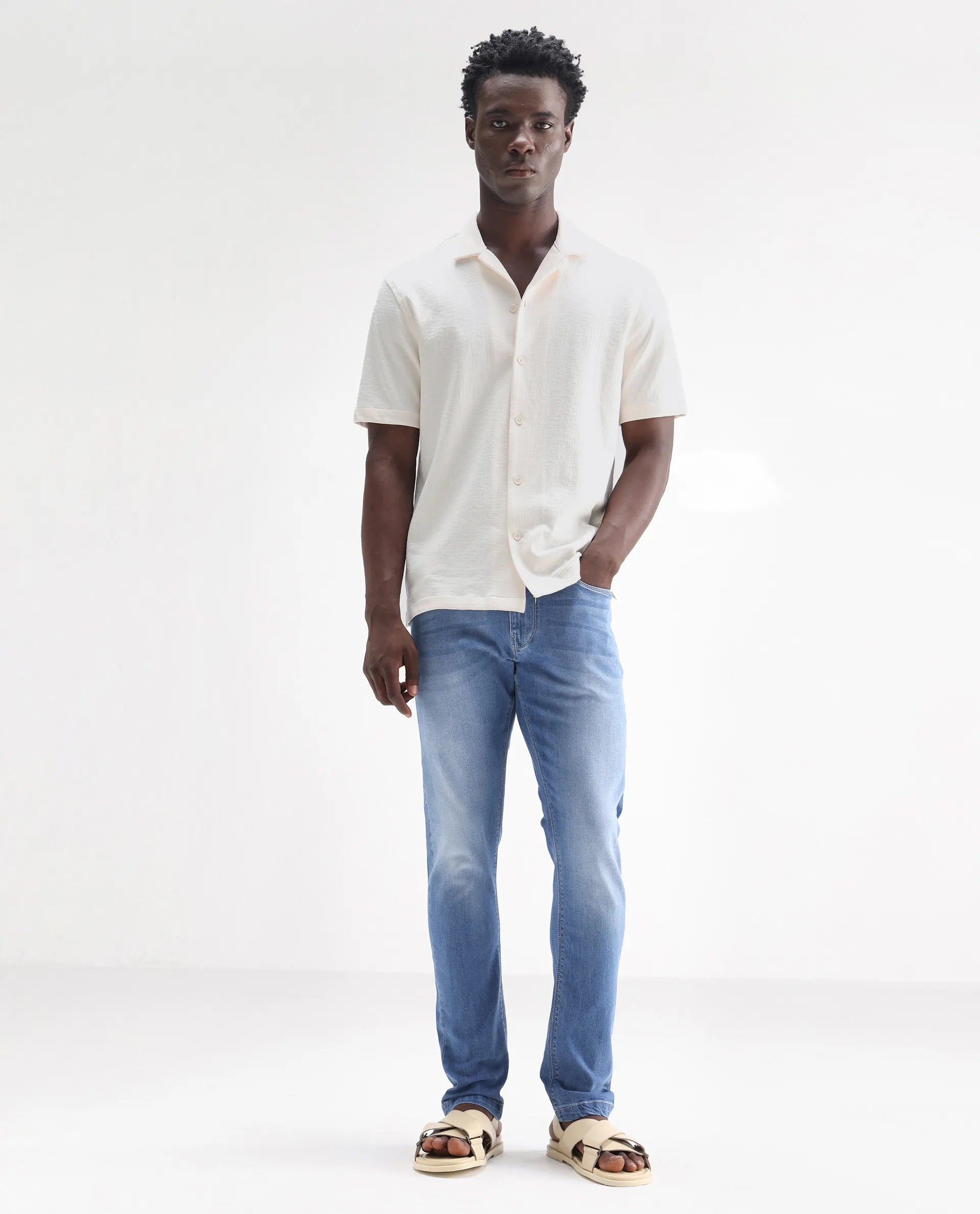 Rare Rabbit Men's Night Pastel Blue Cotton Plain Hawk Slim Fit Jeans