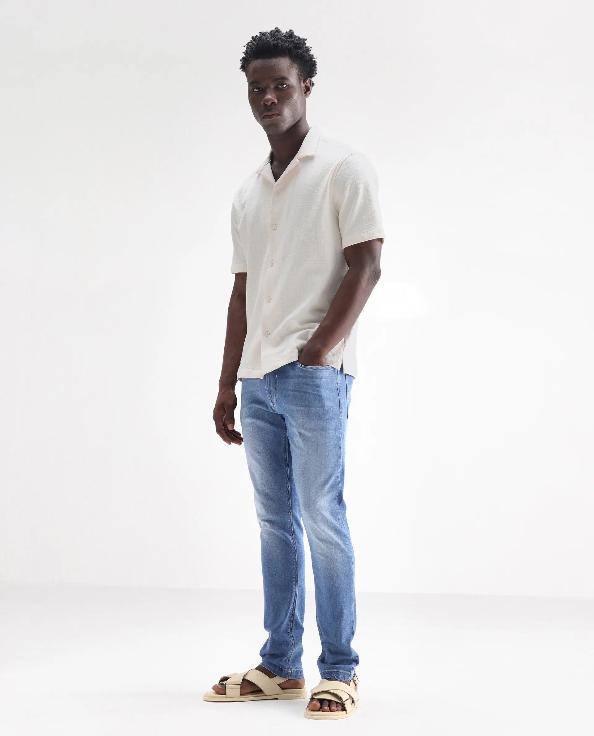 Rare Rabbit Men's Night Pastel Blue Cotton Plain Hawk Slim Fit Jeans