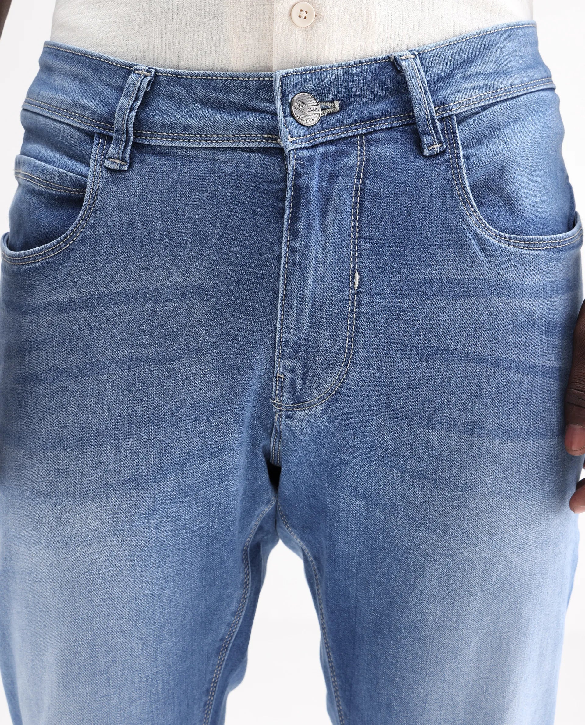 Rare Rabbit Men's Night Pastel Blue Cotton Plain Hawk Slim Fit Jeans