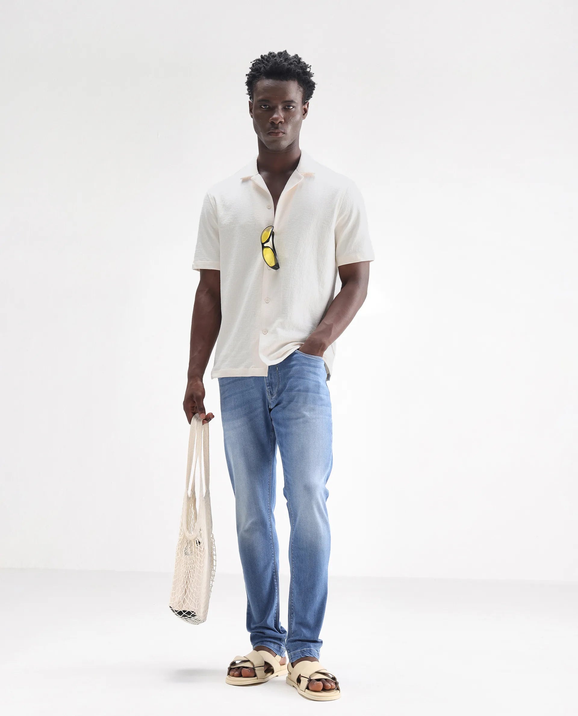 Rare Rabbit Men's Night Pastel Blue Cotton Plain Hawk Slim Fit Jeans