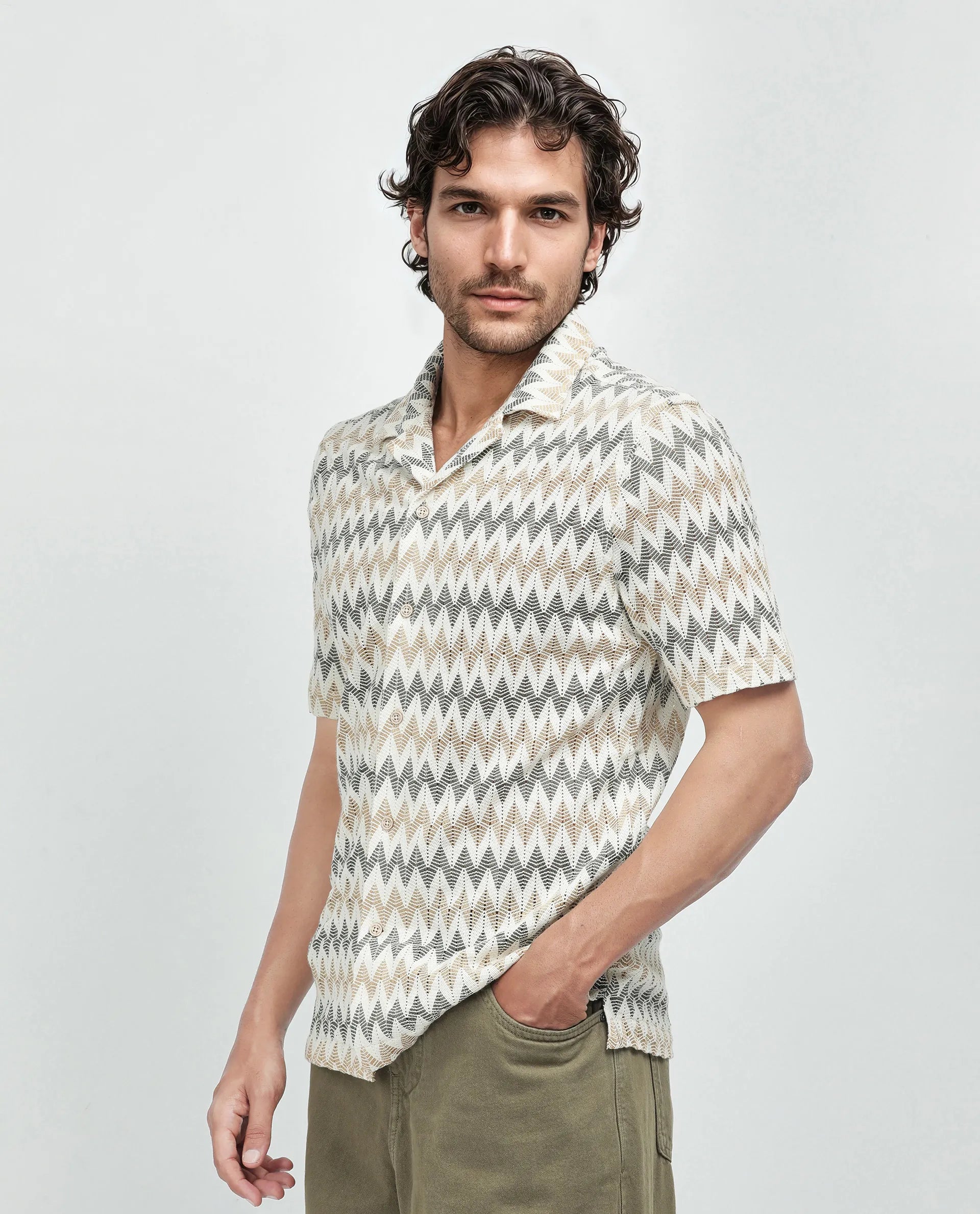 Rare Rabbit Men's Nikon Beige Cotton Fabric Short Sleeve Collared Neck Plain Shirt