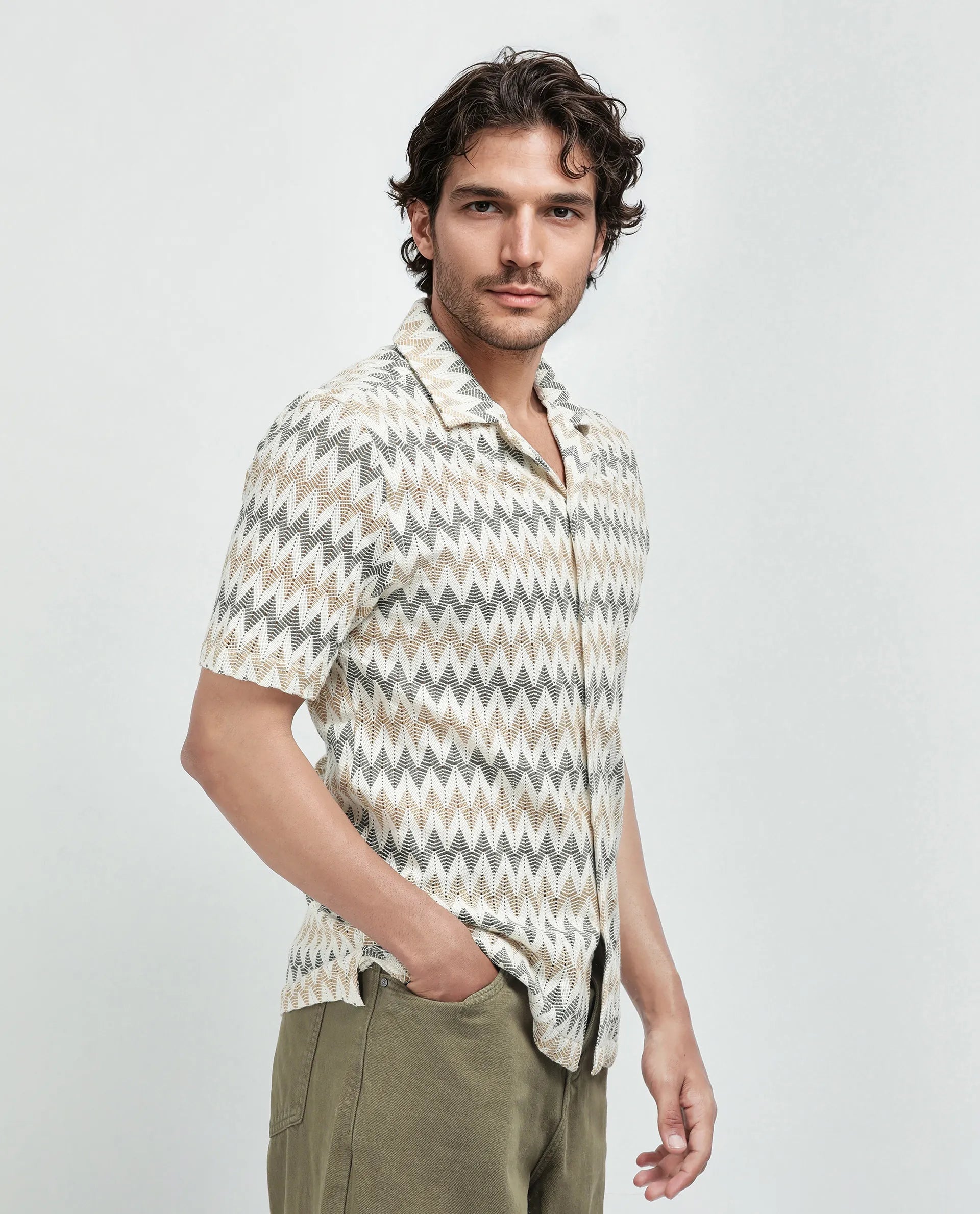 Rare Rabbit Men's Nikon Beige Cotton Fabric Short Sleeve Collared Neck Plain Shirt