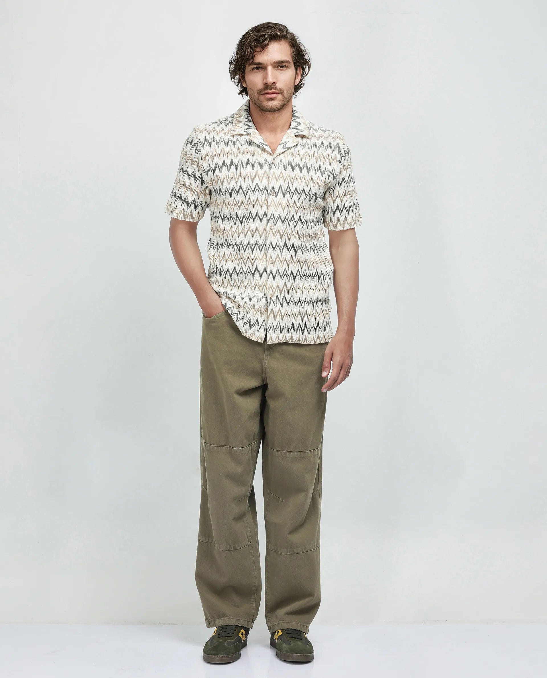 Rare Rabbit Men's Nikon Beige Cotton Fabric Short Sleeve Collared Neck Plain Shirt