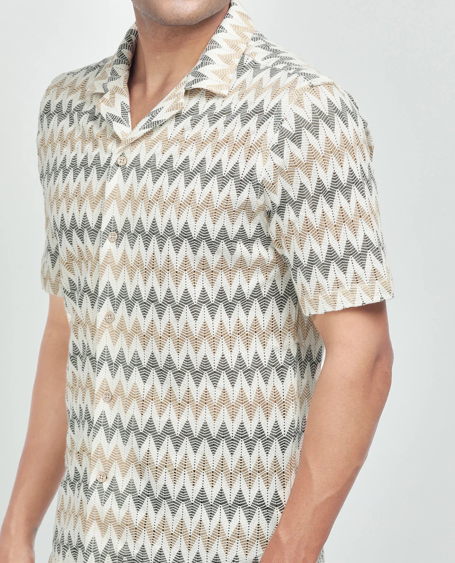 Rare Rabbit Men's Nikon Beige Cotton Fabric Short Sleeve Collared Neck Plain Shirt