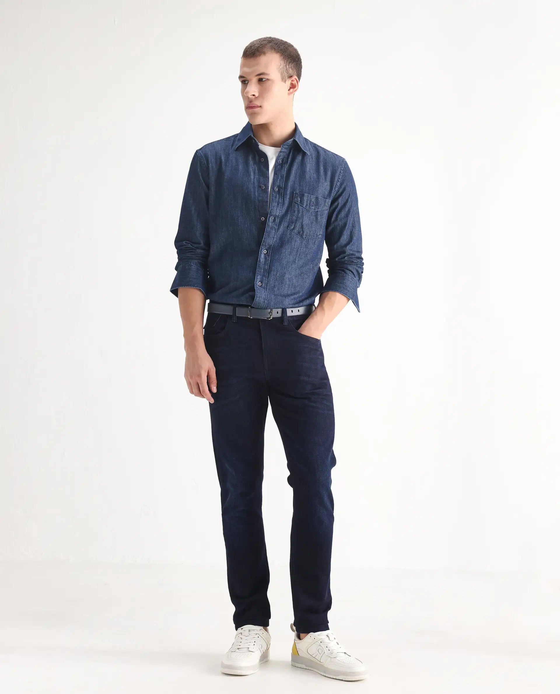 Rare Rabbit Men's Nikos Dark Navy Cotton Blend Plain Morris Regular Fit Jeans