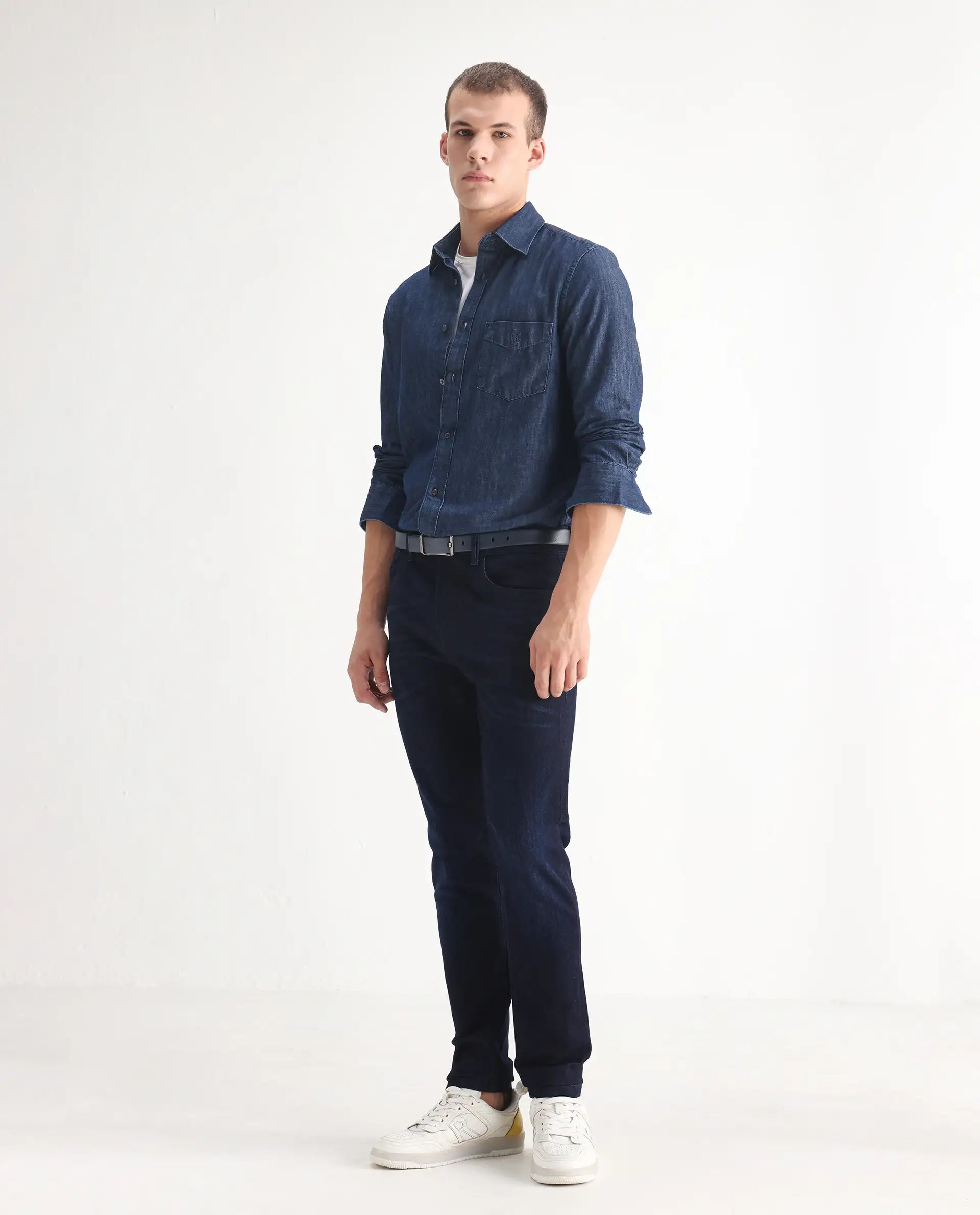 Rare Rabbit Men's Nikos Dark Navy Cotton Blend Plain Morris Regular Fit Jeans