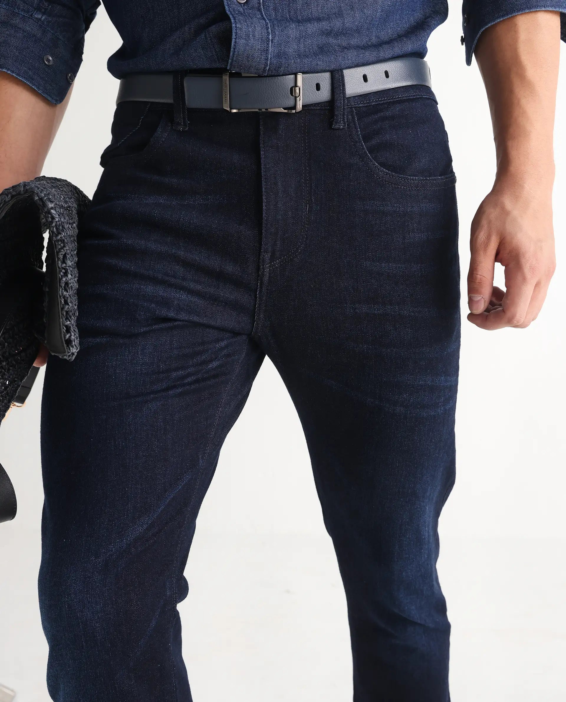 Rare Rabbit Men's Nikos Dark Navy Cotton Blend Plain Morris Regular Fit Jeans