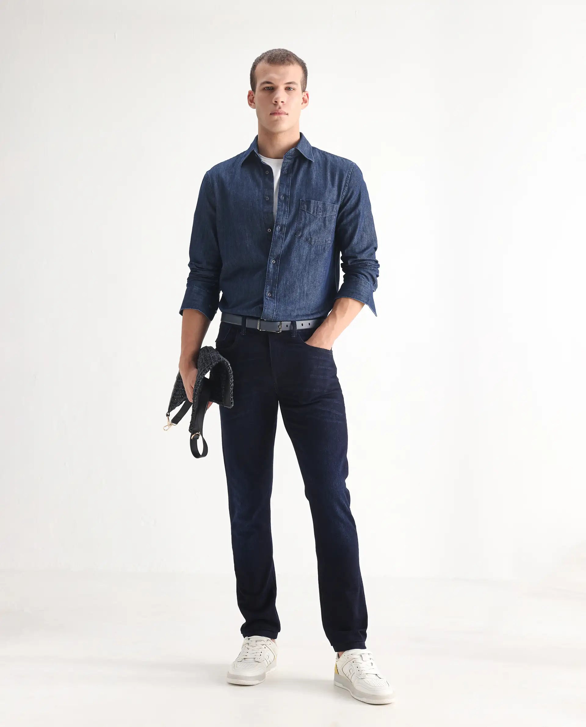 Rare Rabbit Men's Nikos Dark Navy Cotton Blend Plain Morris Regular Fit Jeans