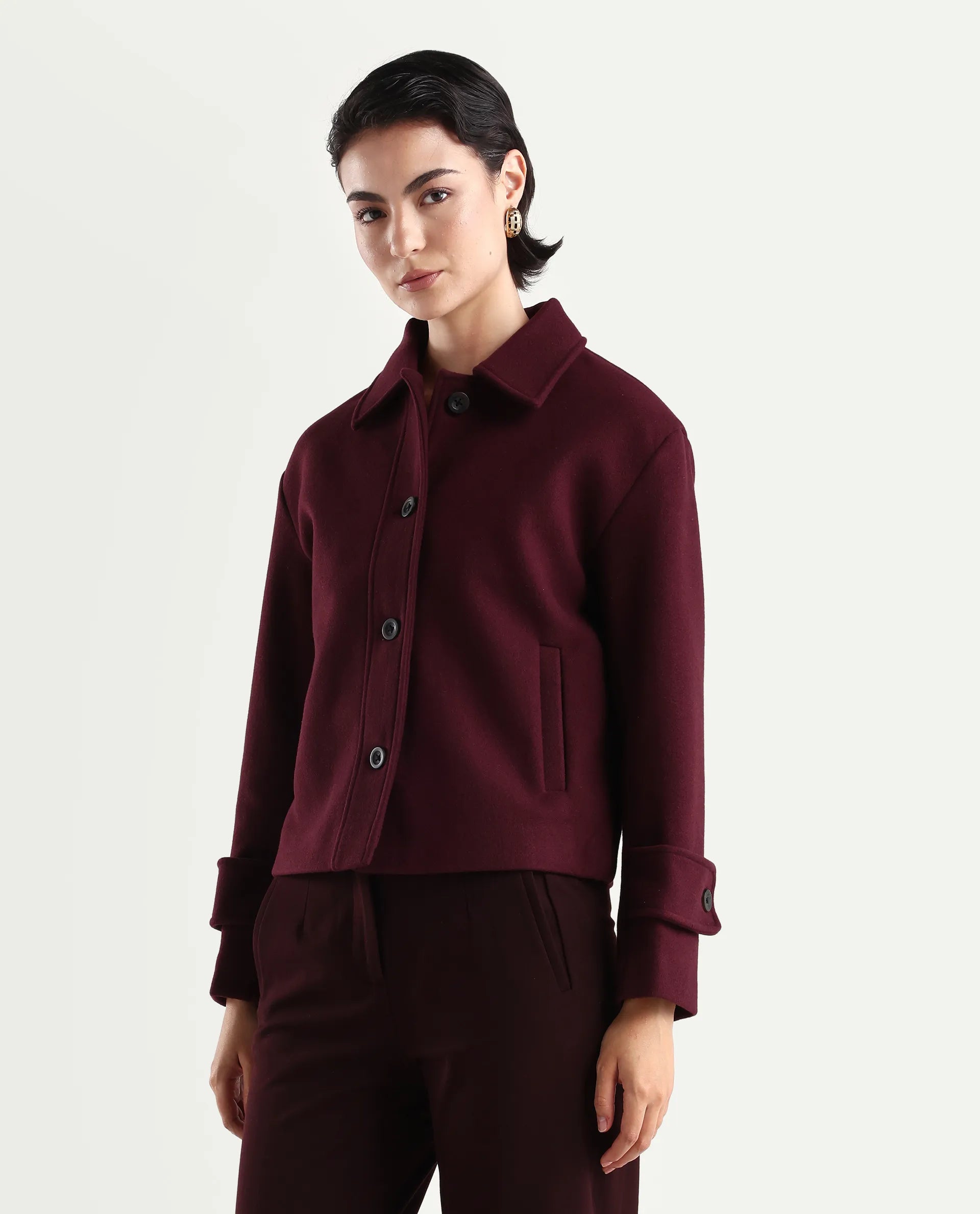 Rareism Women's Nikzo Wine Polyester Blend Spread Collar Regular Fit Jacket