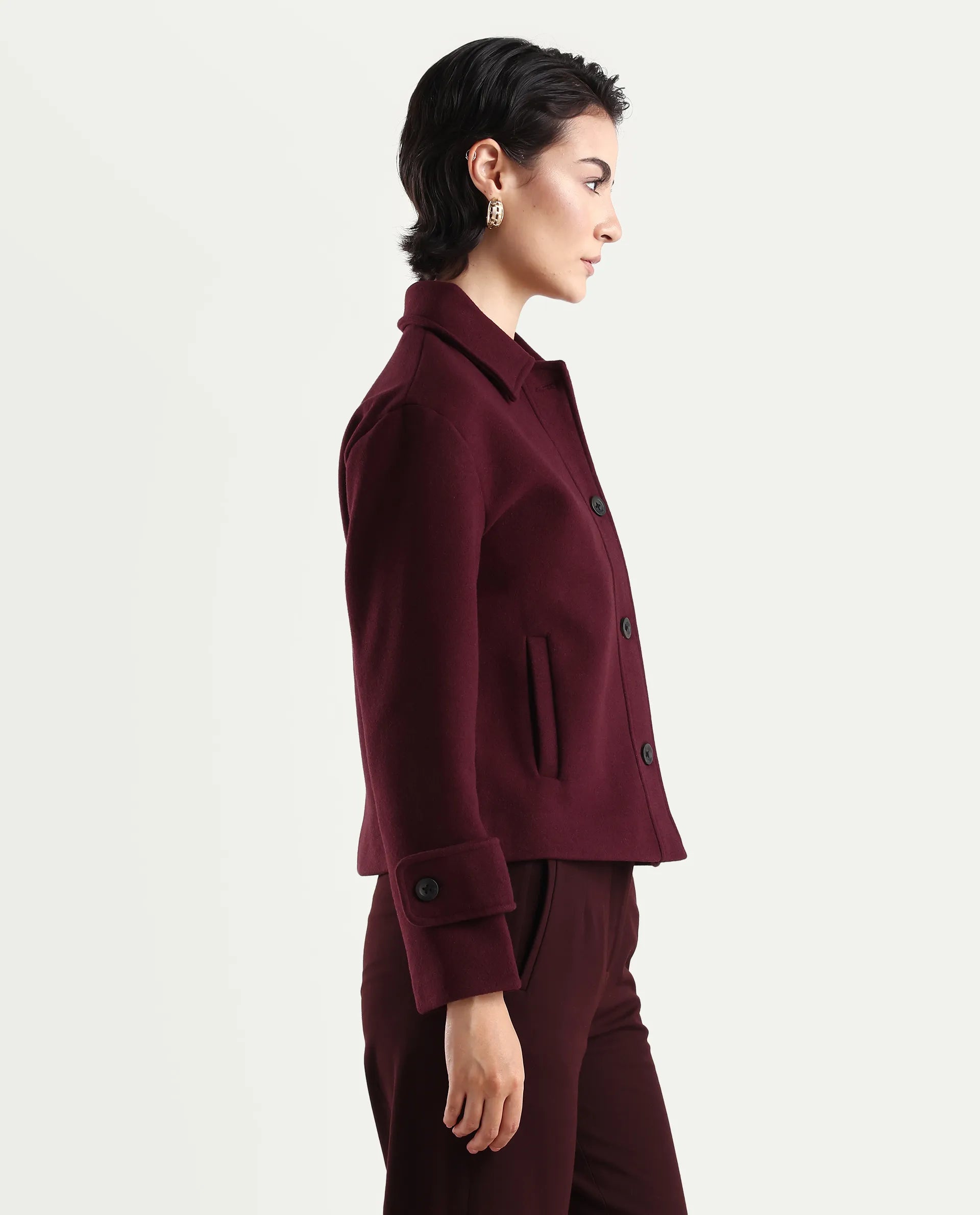 Rareism Women's Nikzo Wine Polyester Blend Spread Collar Regular Fit Jacket