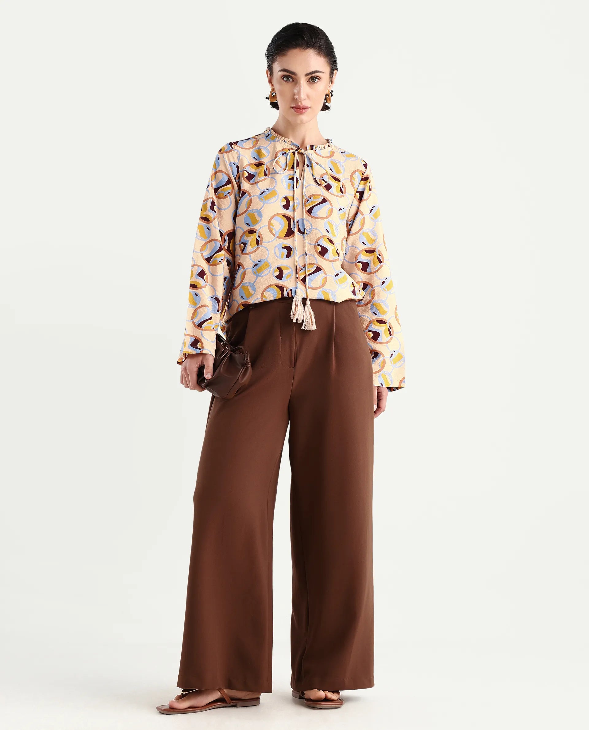 Rareism Women's Nili Multi Nylon Blend Sweetheart Neck Abstract Print Ruffled Sleeve Regular Fit Top