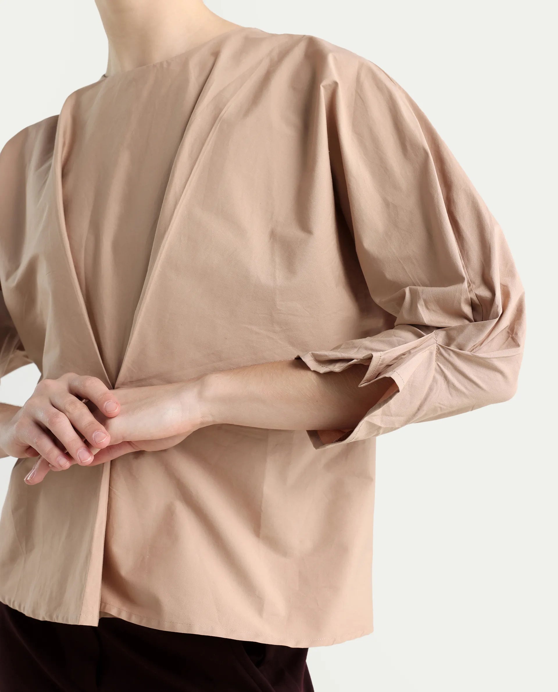 Rareism Women's Niloc - Beige Cotton Blend Crew Neck Plain Fashion Sleeve Relaxed Fit Top