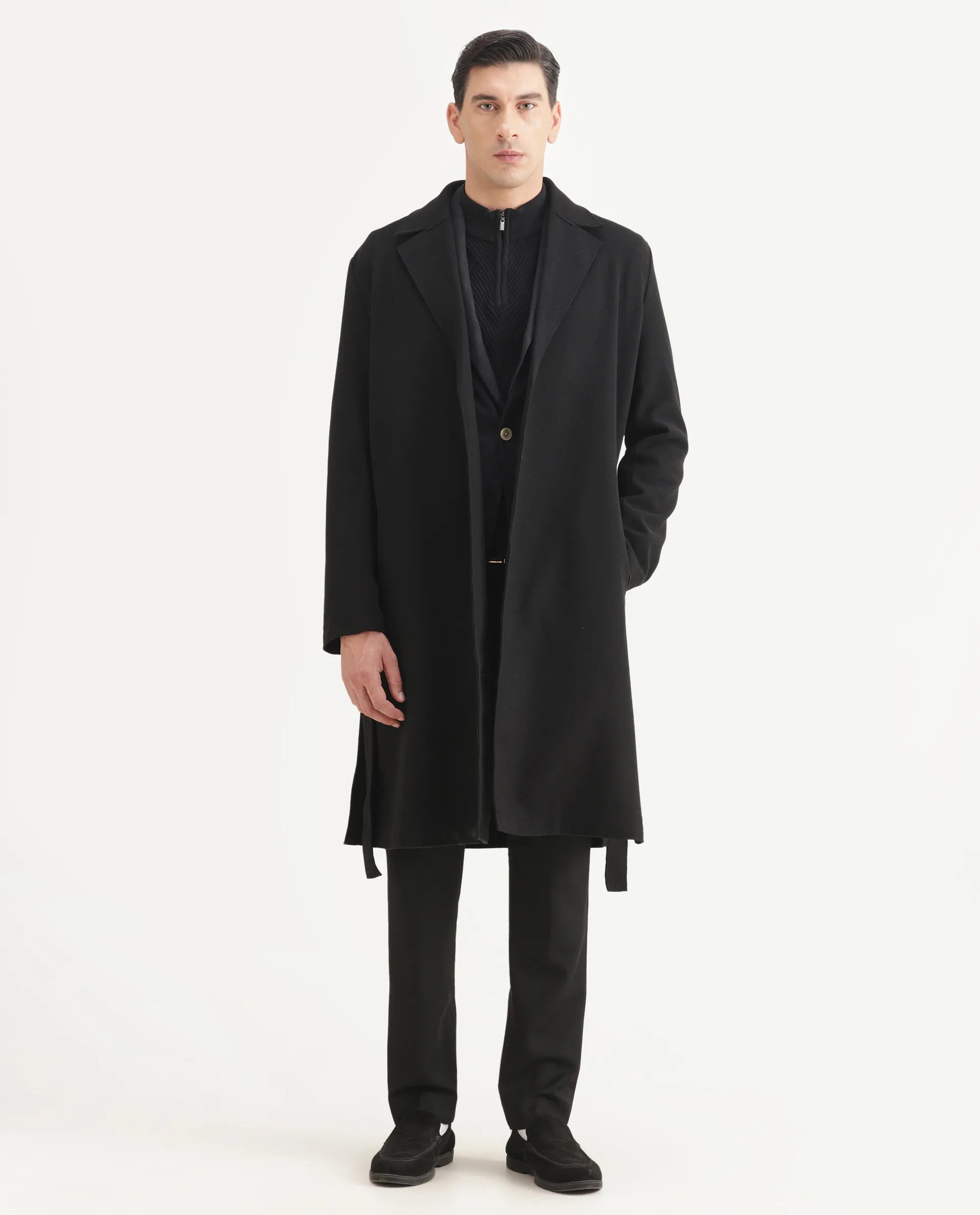 Rare Rabbit Men's Nima Black Polyester Blend Fabric Collared Neck Relaxed Plain Coat