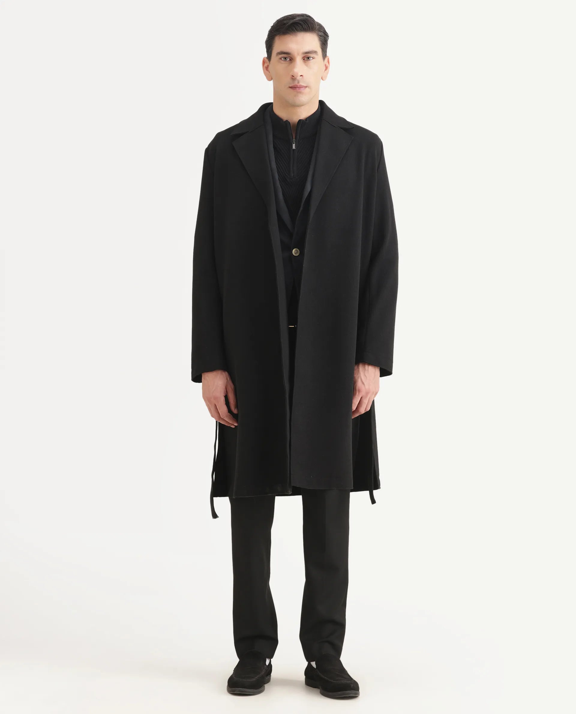 Rare Rabbit Men's Nima Black Polyester Blend Fabric Collared Neck Relaxed Plain Coat