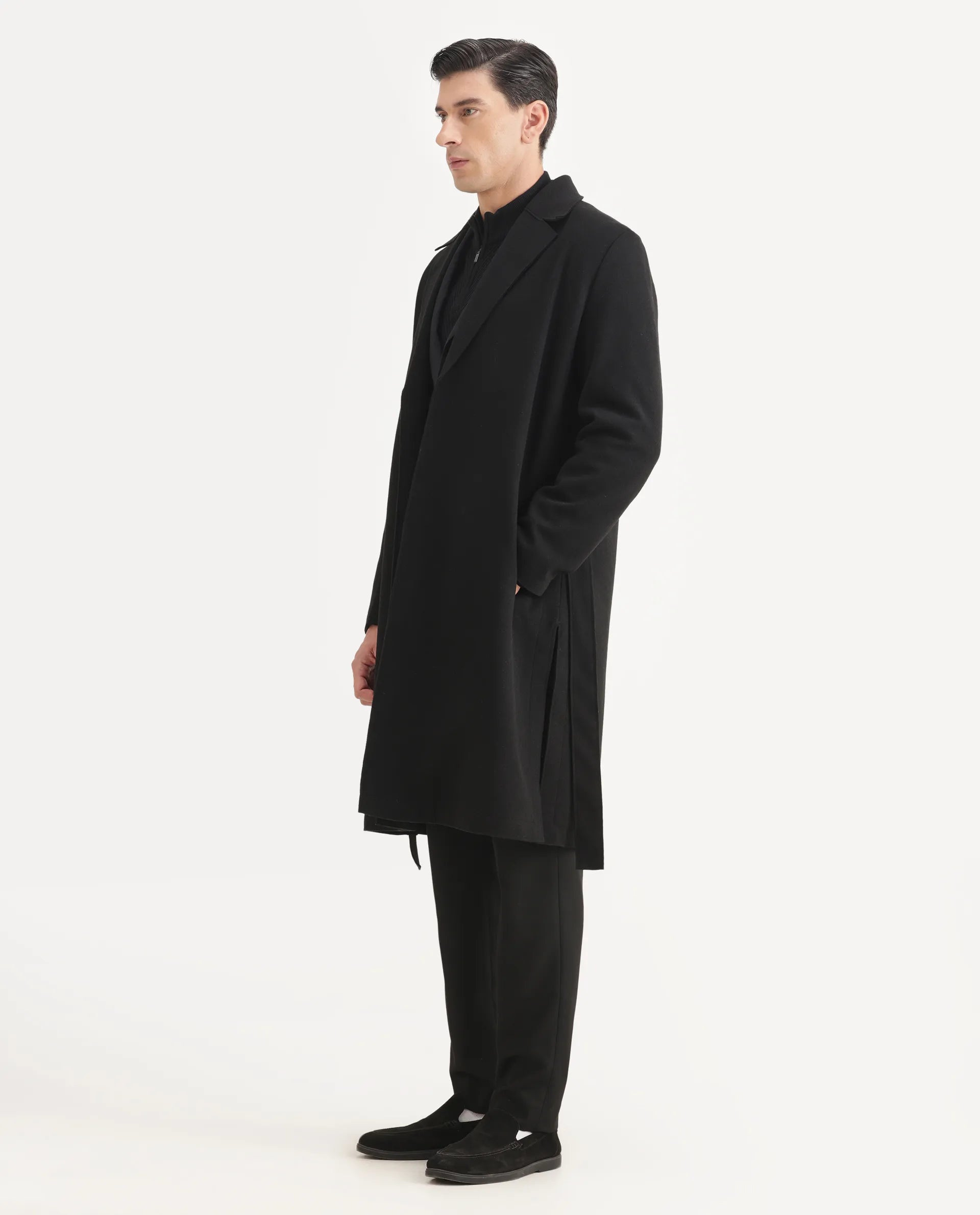 Rare Rabbit Men's Nima Black Polyester Blend Fabric Collared Neck Relaxed Plain Coat