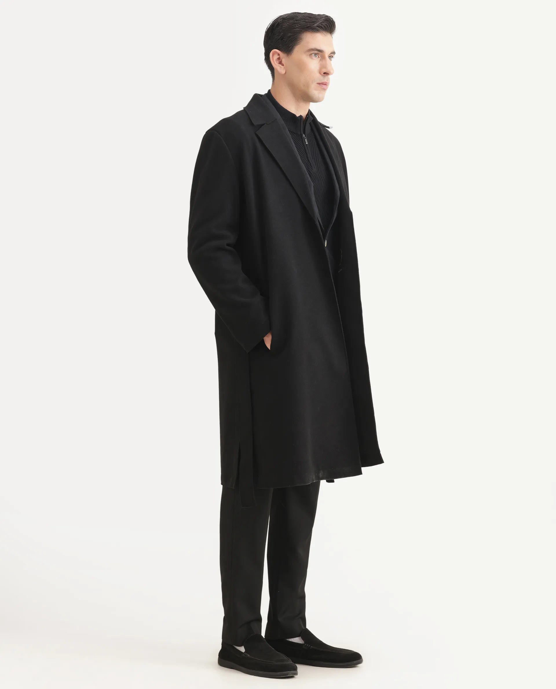 Rare Rabbit Men's Nima Black Polyester Blend Fabric Collared Neck Relaxed Plain Coat