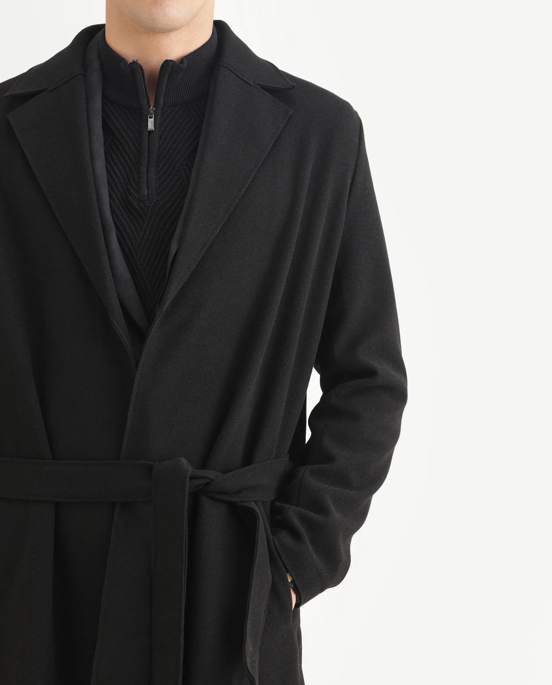 Rare Rabbit Men's Nima Black Polyester Blend Fabric Collared Neck Relaxed Plain Coat