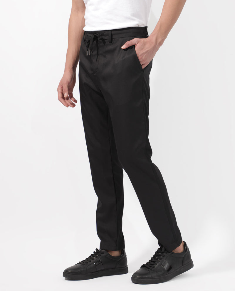 Rare Rabbit Men's Nimb Black Polyester Fabric Drawstring And Button Closure High Rise Regular Fit Solid Trousers