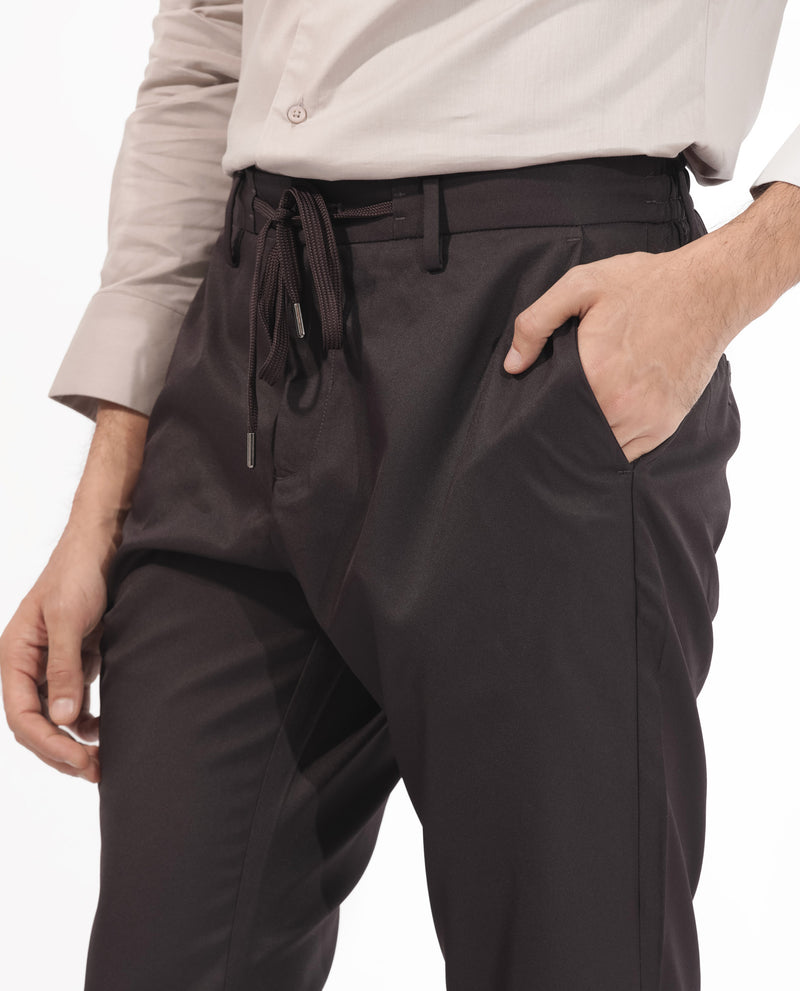 Rare Rabbit Men's Nimb Dark Maroon Polyester Fabric Drawstring And Button Closure High Rise Regular Fit Solid Trousers