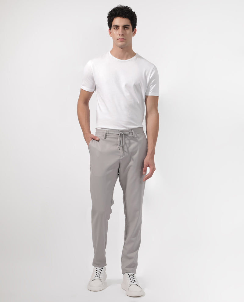 Rare Rabbit Men's Nimb Light Grey Polyester Fabric Drawstring And Button Closure High Rise Regular Fit Solid Trousers
