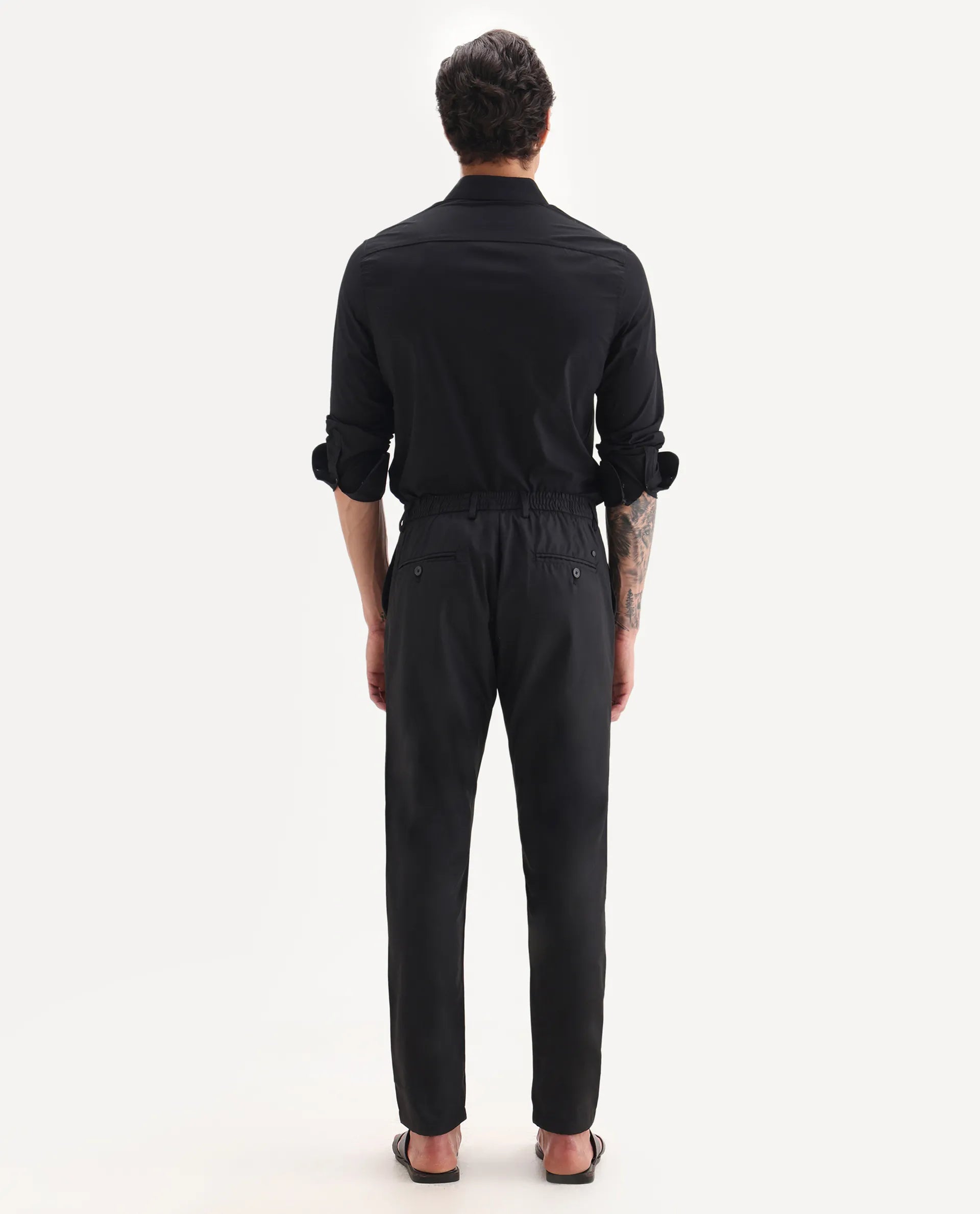 Rare Rabbit Men's Nimb Black Polyester Fabric Drawstring And Button Closure High Rise Regular Fit Solid Trousers